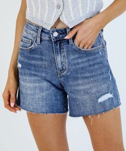 Eliza Medium Wash High-Rise Distressed Denim Shorts