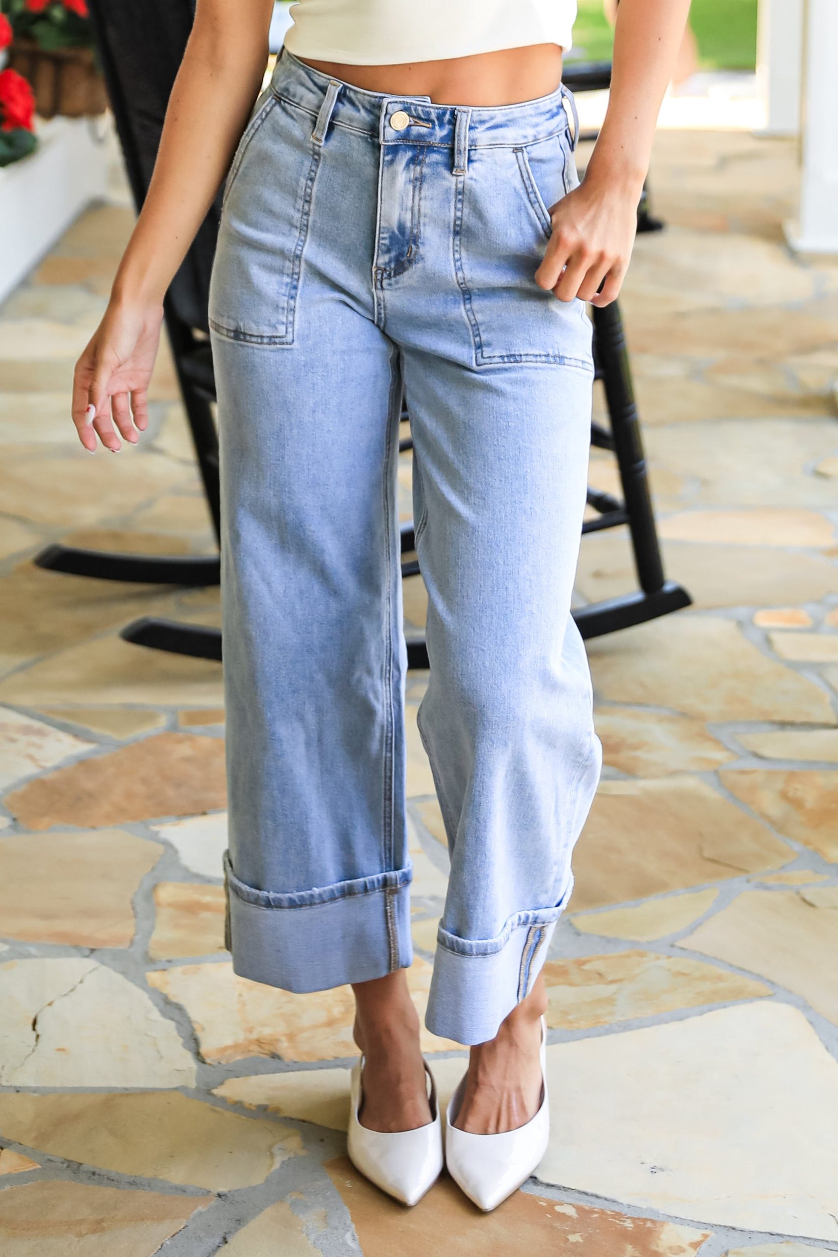 Camille Light Wash High-Rise Cuffed Wide Leg Jeans