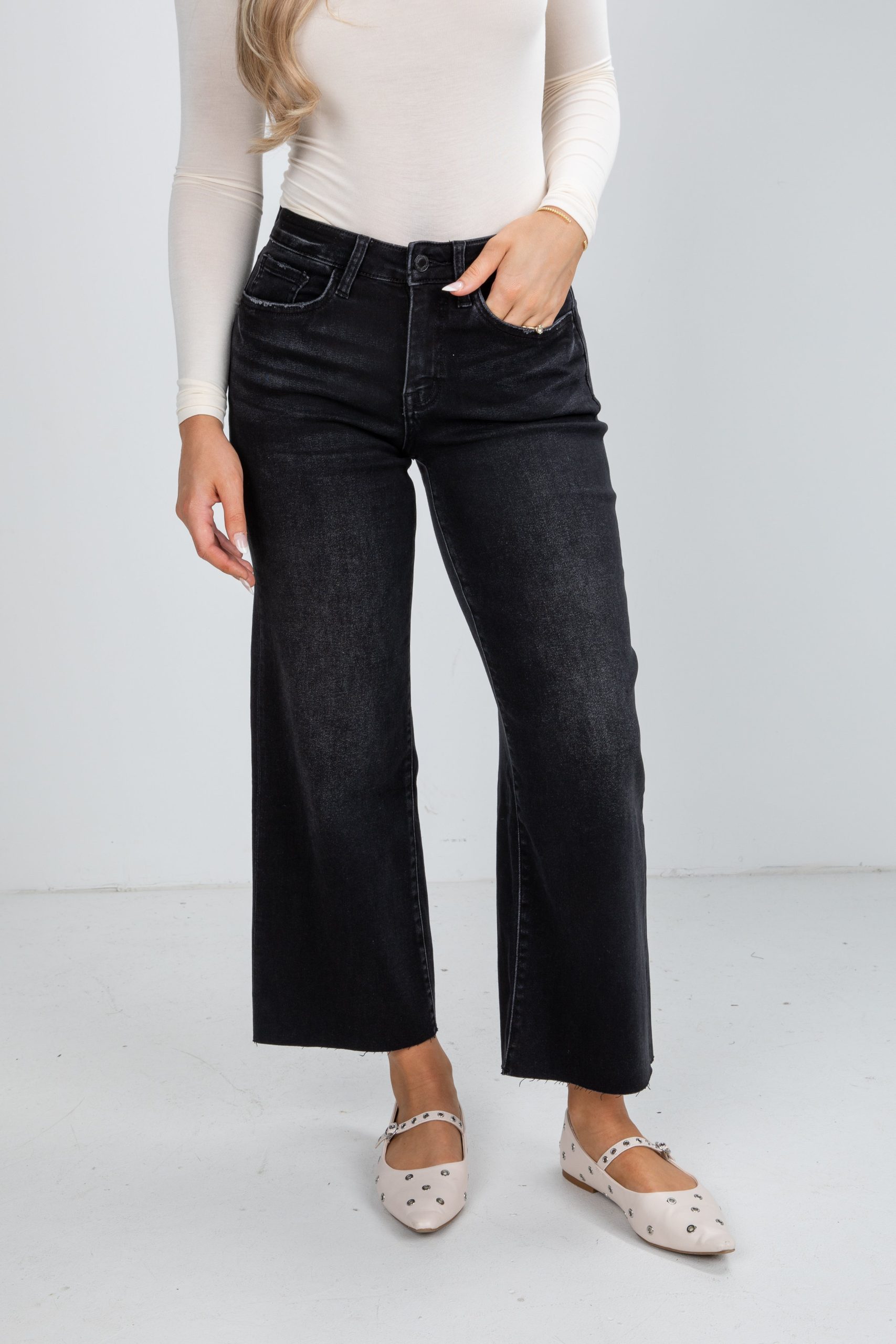 FINAL SALE - Aileeah Black High-Rise Slim Wide Leg Jeans
