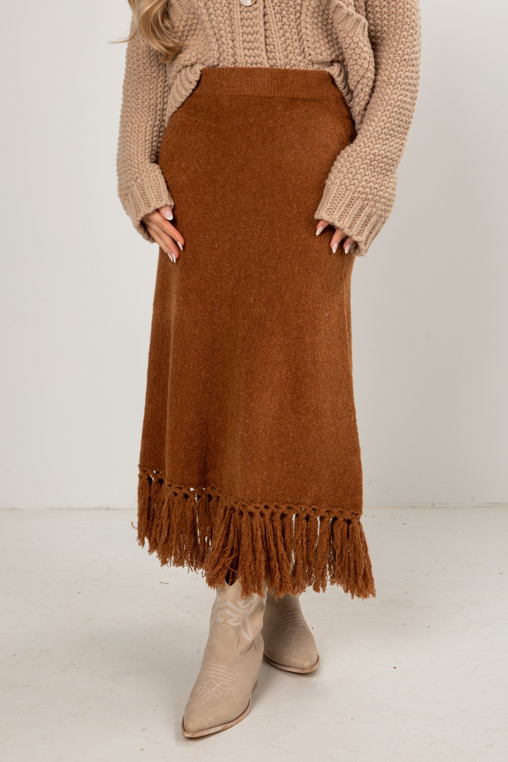 FINAL SALE - Chalet Fringe Camel Skirt - Image 5