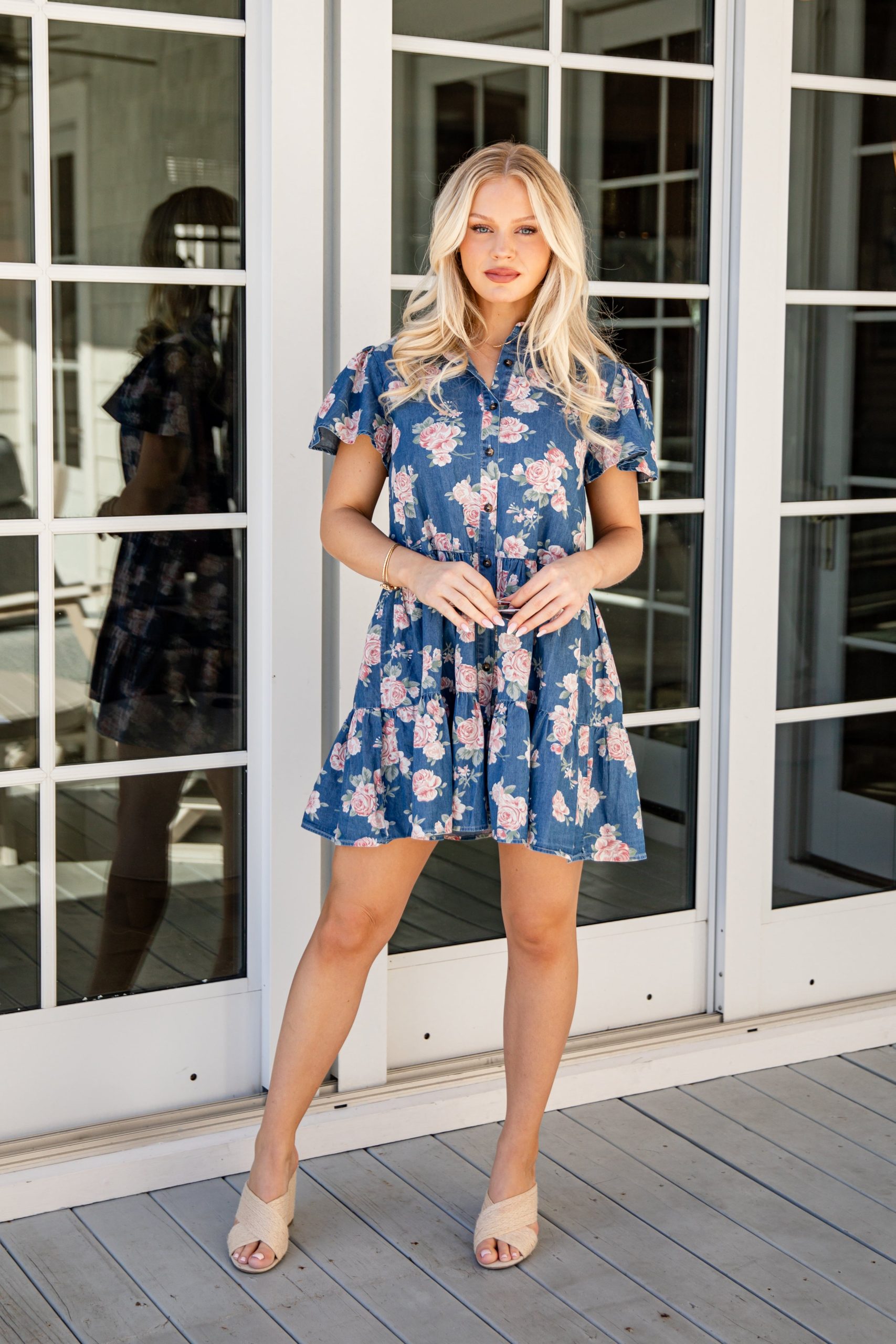 In The Air Floral Denim Tiered Mini Dress - Image 4