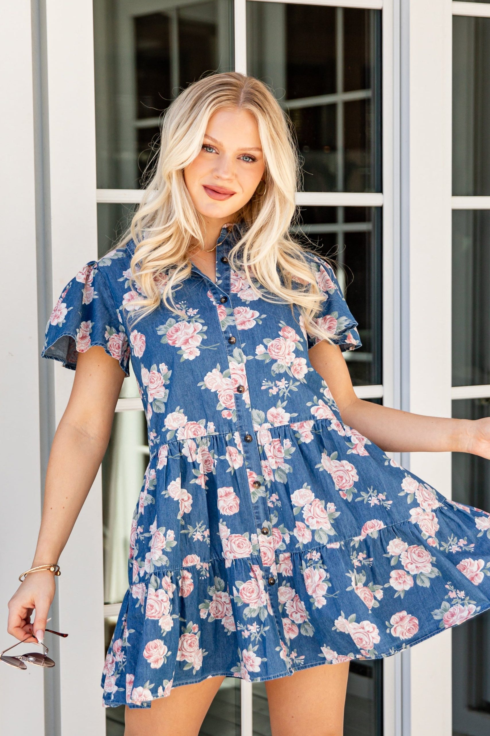In The Air Floral Denim Tiered Mini Dress - Image 2