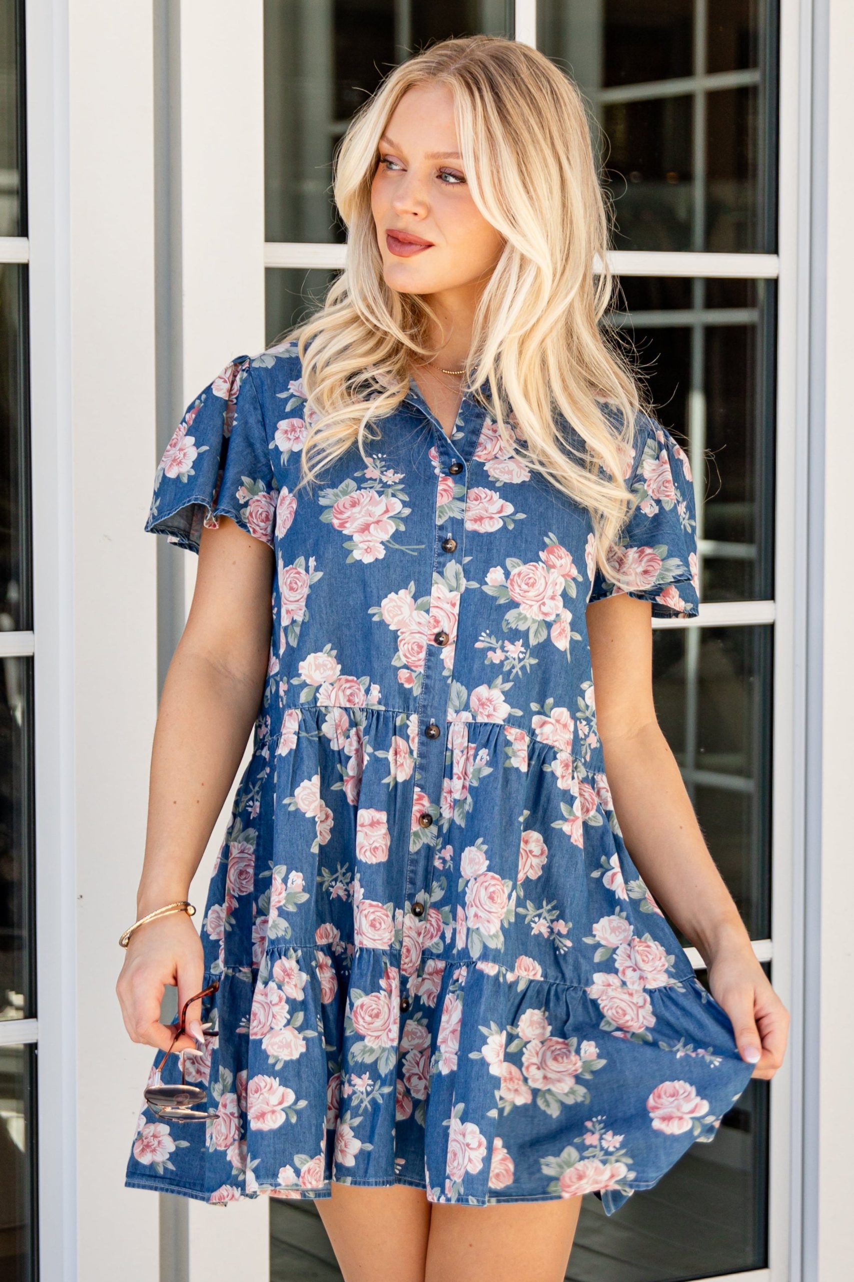 In The Air Floral Denim Tiered Mini Dress