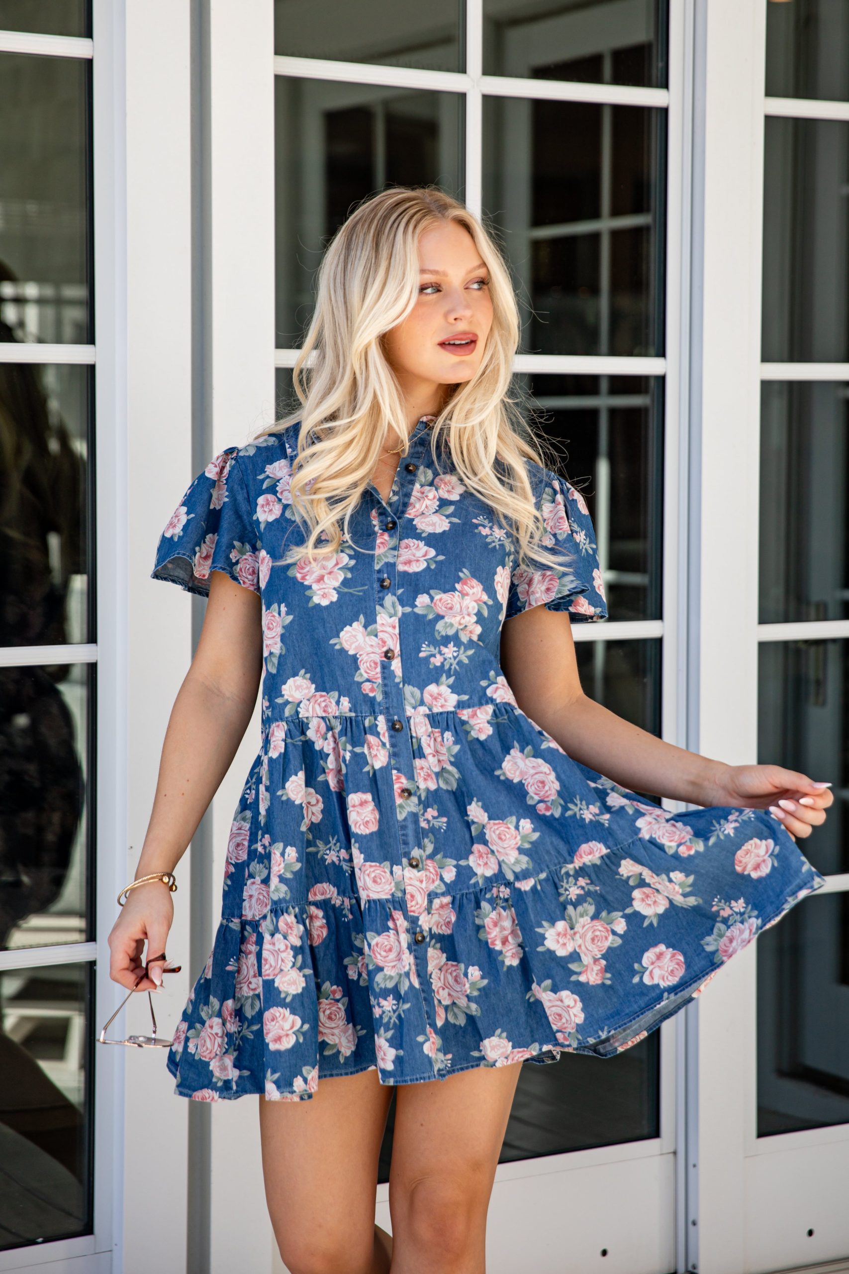 In The Air Floral Denim Tiered Mini Dress - Image 3