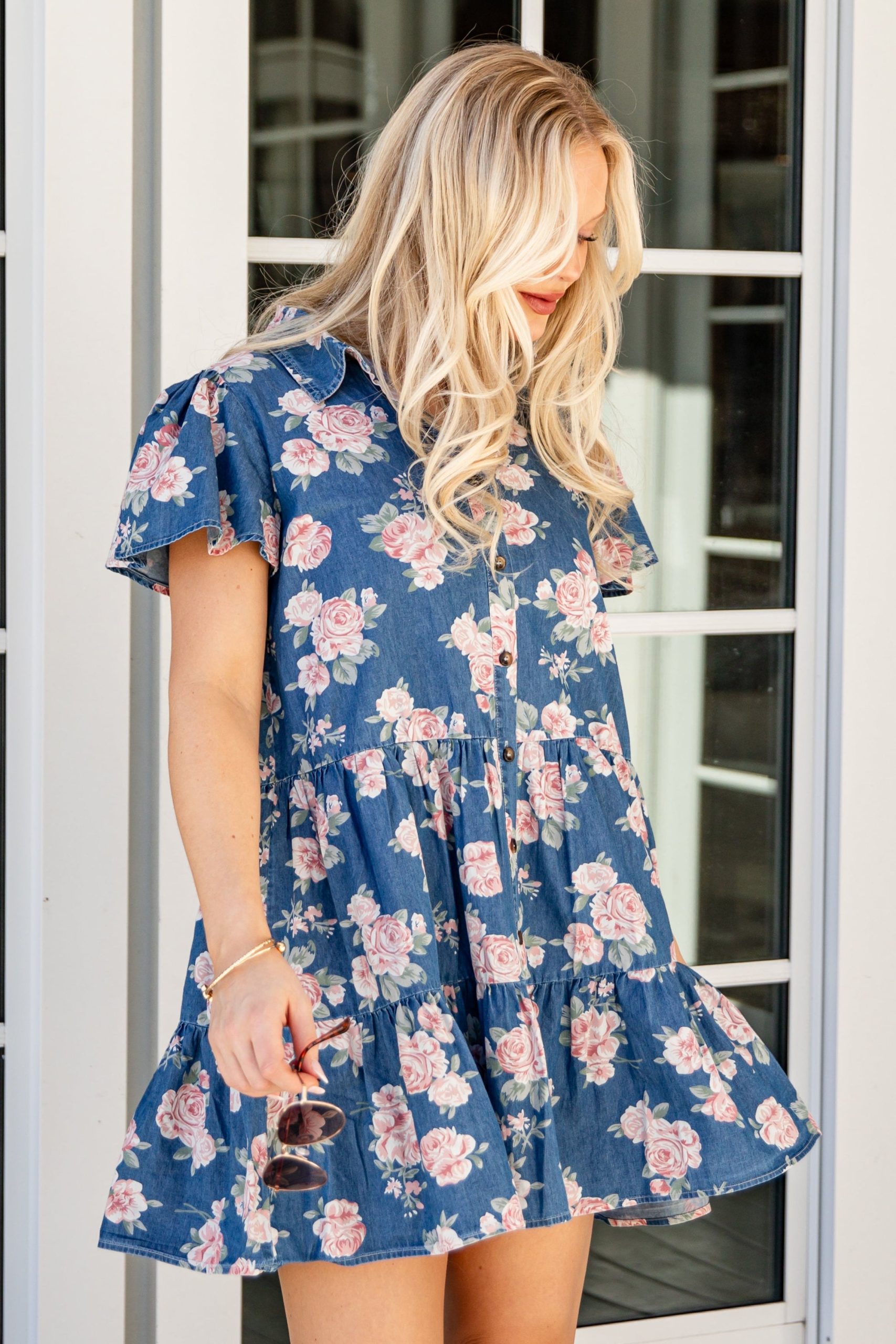 In The Air Floral Denim Tiered Mini Dress - Image 5