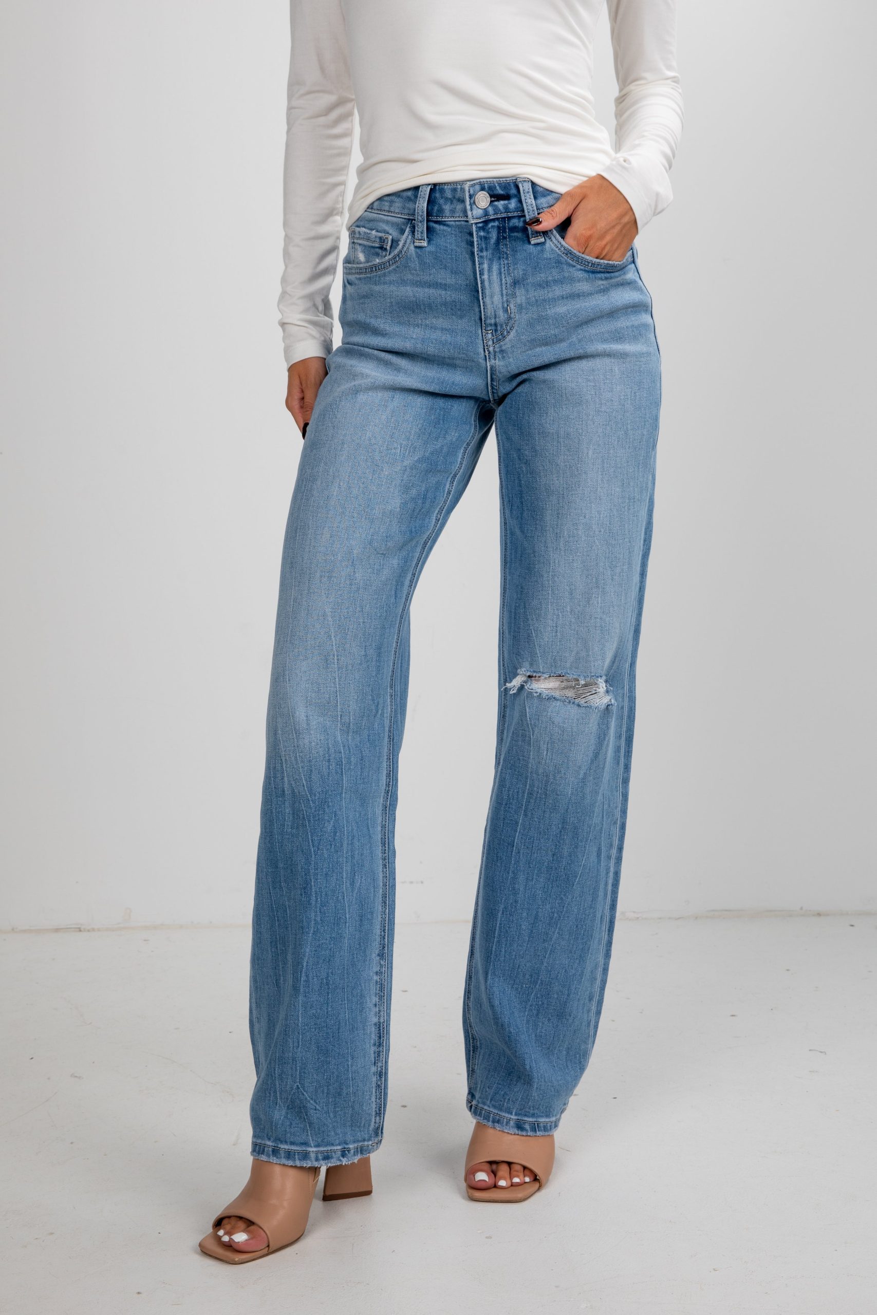 Ellie Light Wash High-Rise Distressed Slim Wide Leg Jeans