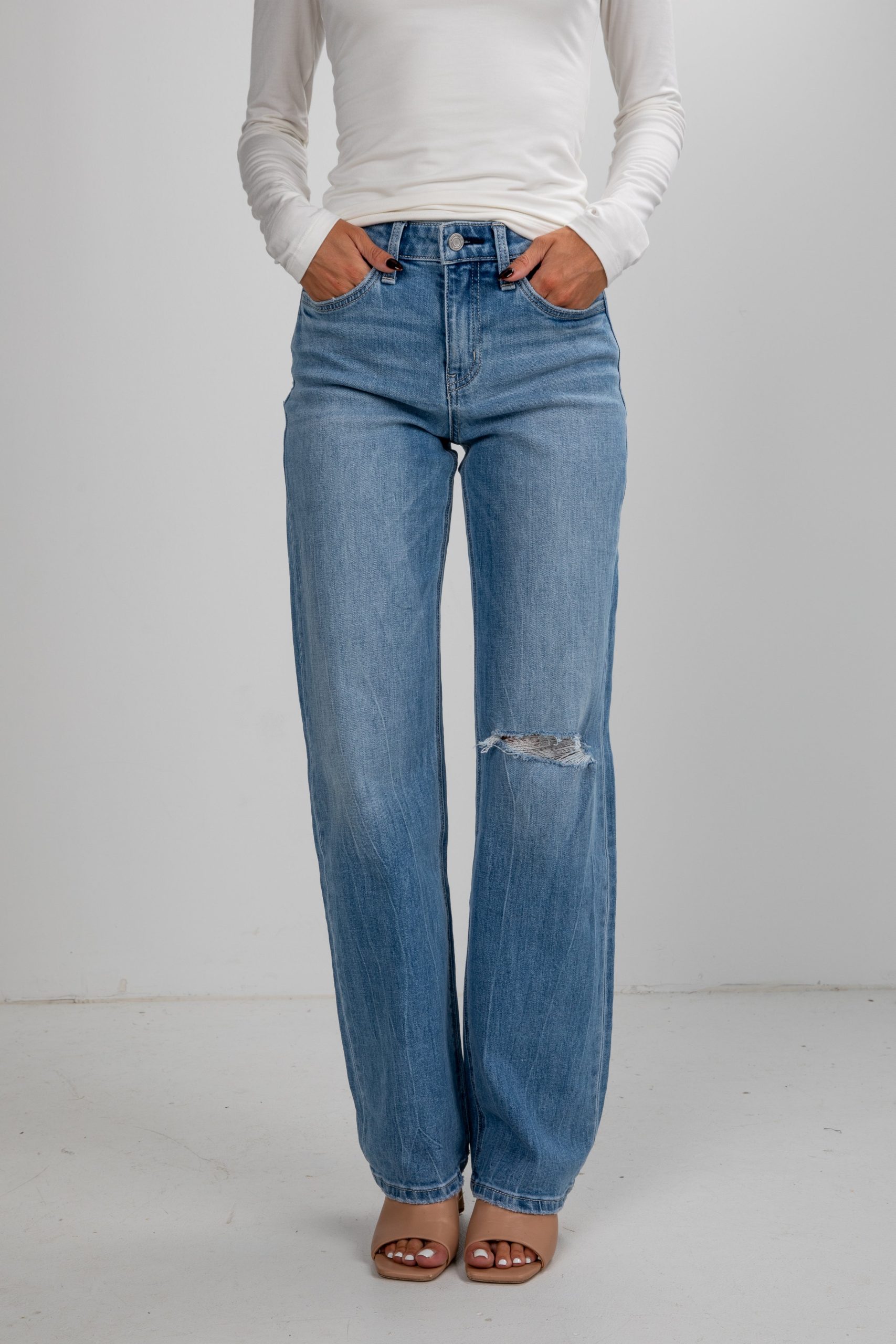 Ellie Light Wash High-Rise Distressed Slim Wide Leg Jeans - Image 5
