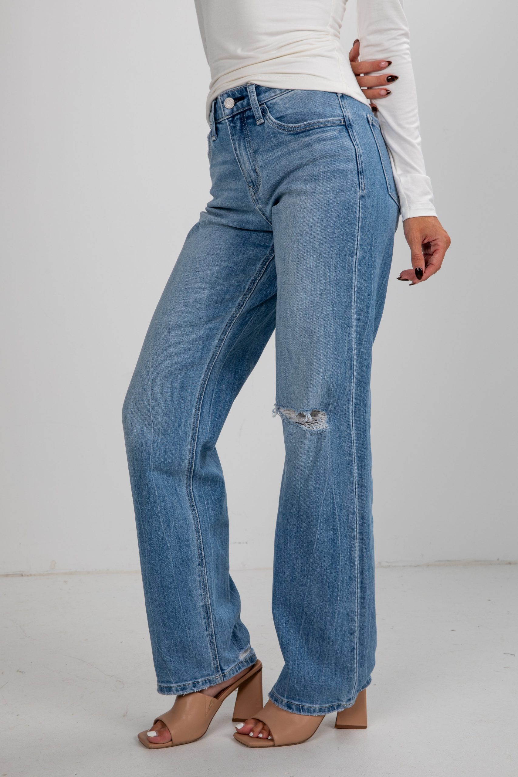 Ellie Light Wash High-Rise Distressed Slim Wide Leg Jeans - Image 3