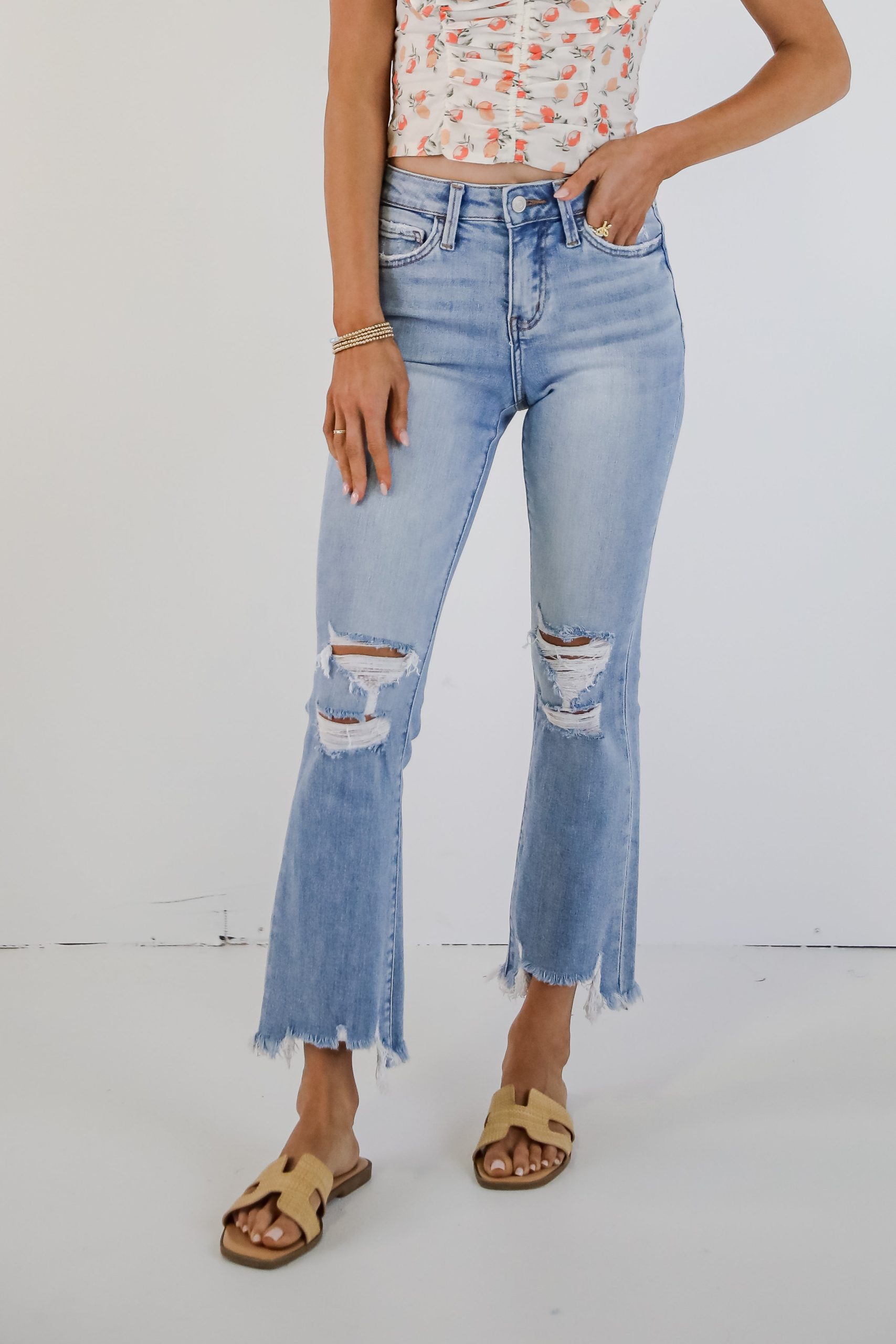 FINAL SALE - Cindy Light Wash Distressed Crop Flare Jeans - Image 5