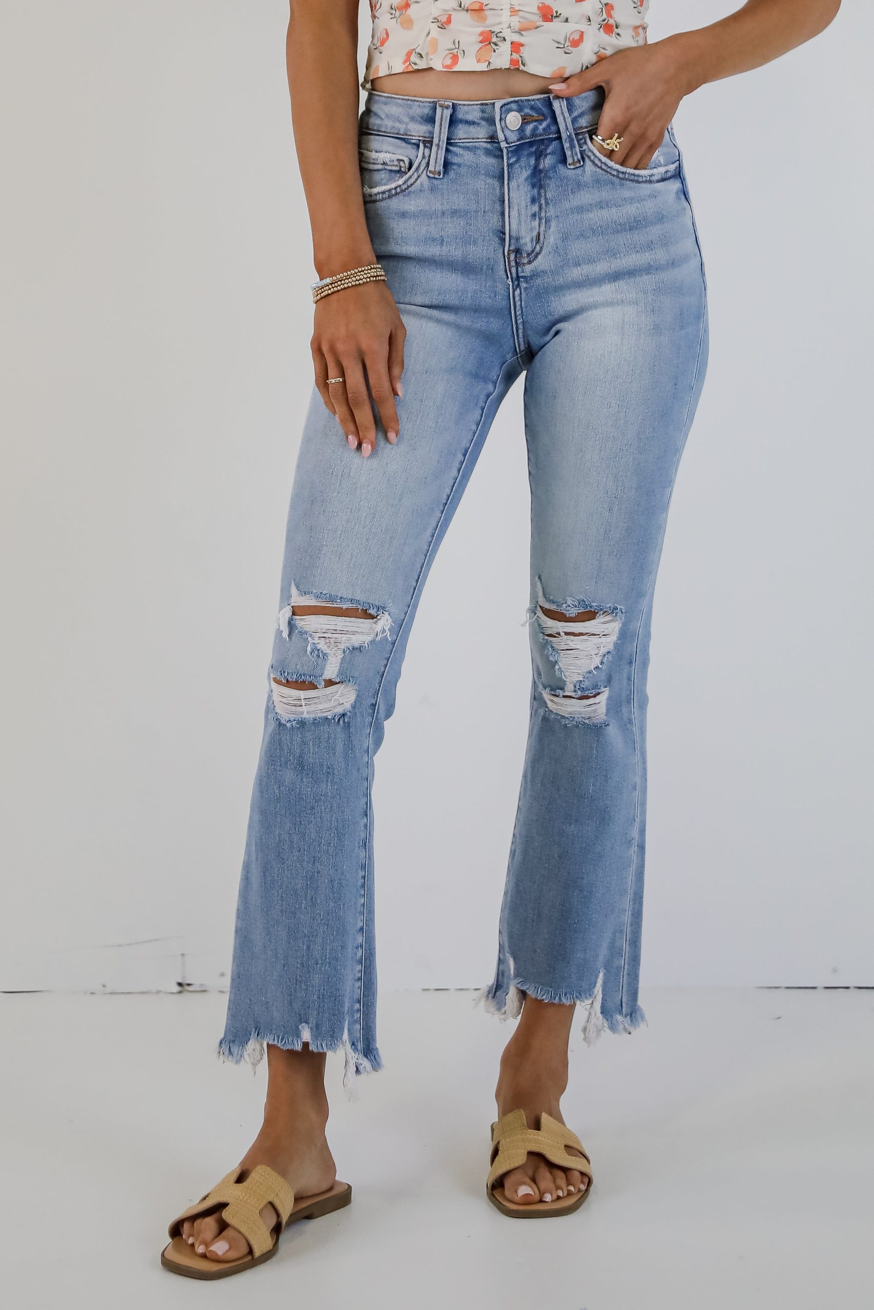 FINAL SALE - Cindy Light Wash Distressed Crop Flare Jeans