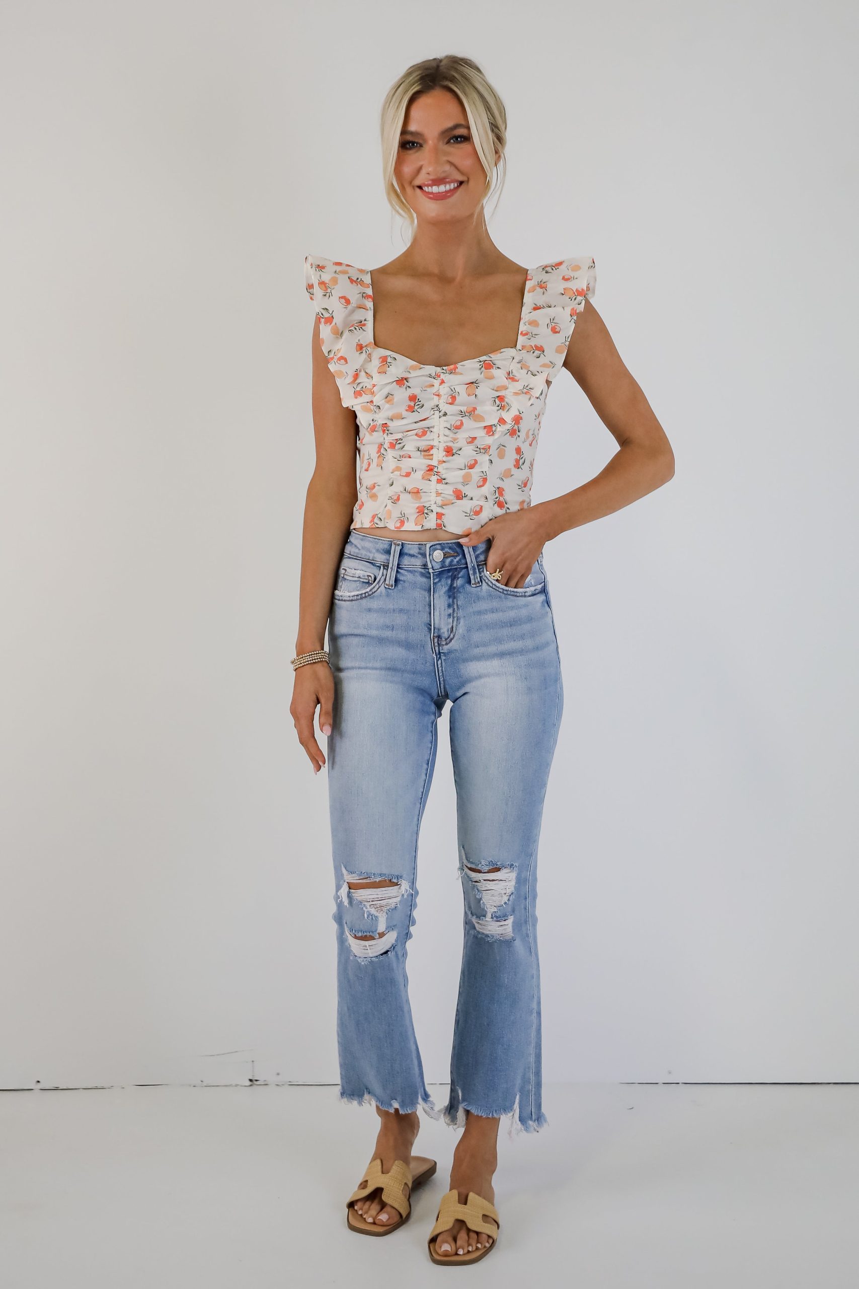 FINAL SALE - Cindy Light Wash Distressed Crop Flare Jeans - Image 2