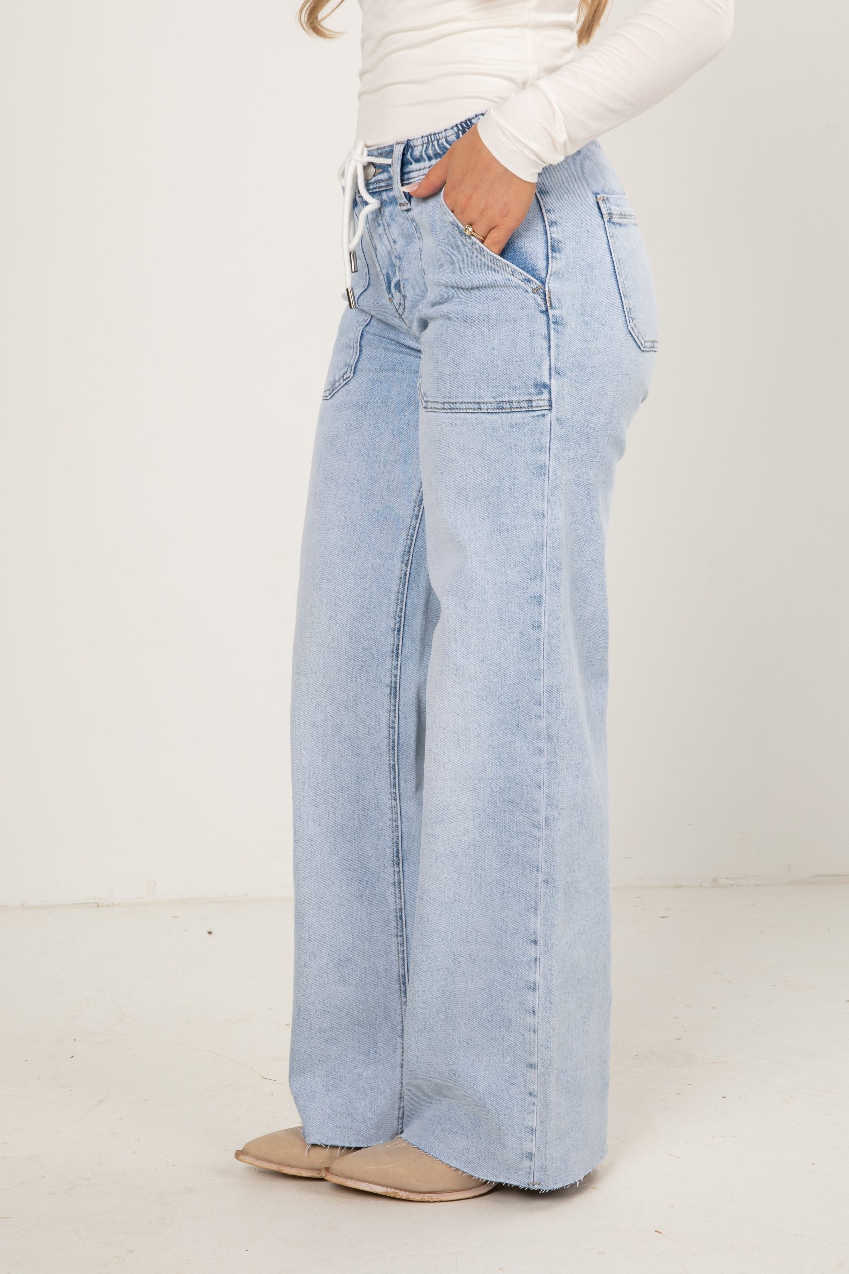 Ali Light Wash High-Rise Drawstring Wide Leg Jeans - Image 3