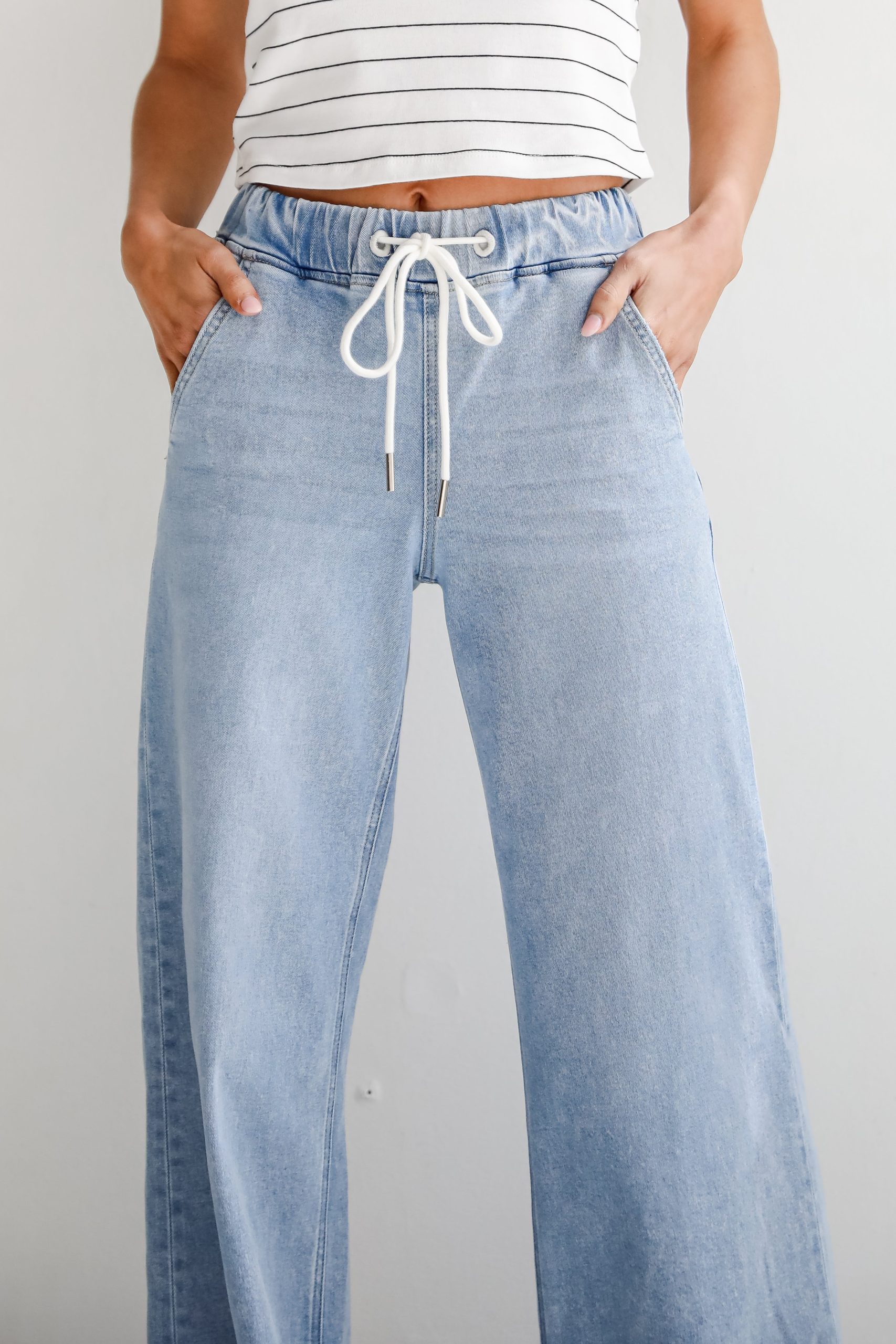 FINAL SALE - Carla Light Wash High-Rise Drawstring Waist Wide Leg Jeans - Image 5