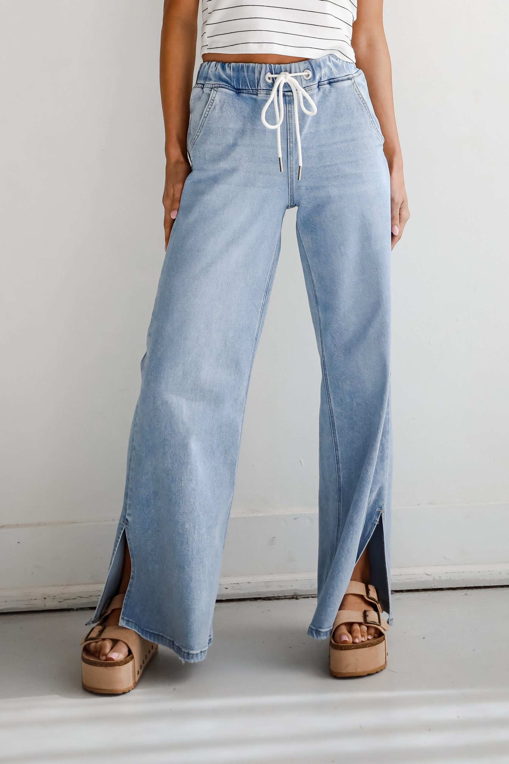 FINAL SALE - Carla Light Wash High-Rise Drawstring Waist Wide Leg Jeans