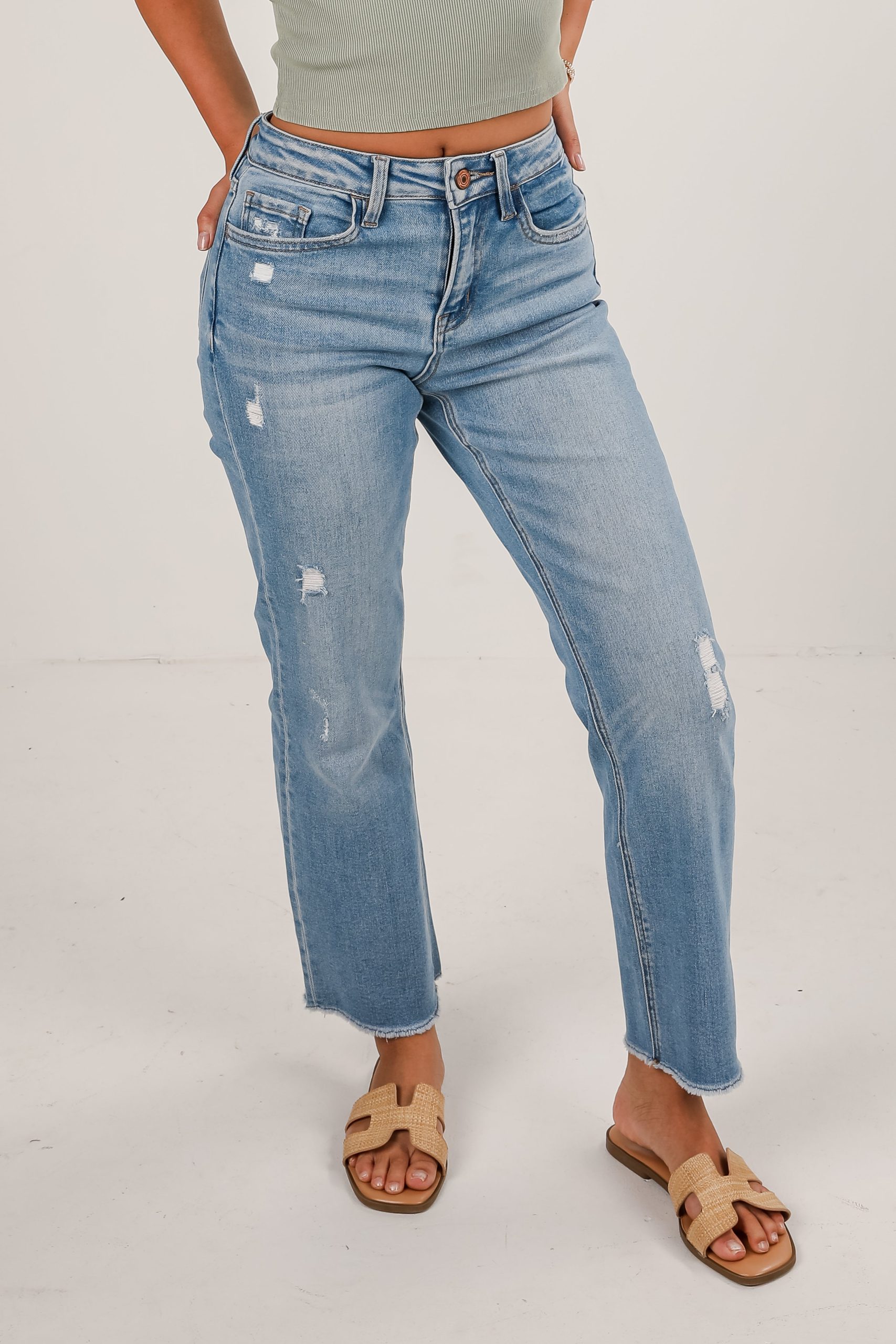 FINAL SALE - Aria Light Wash High-Rise Distressed Stretch Straight Jeans - Image 3