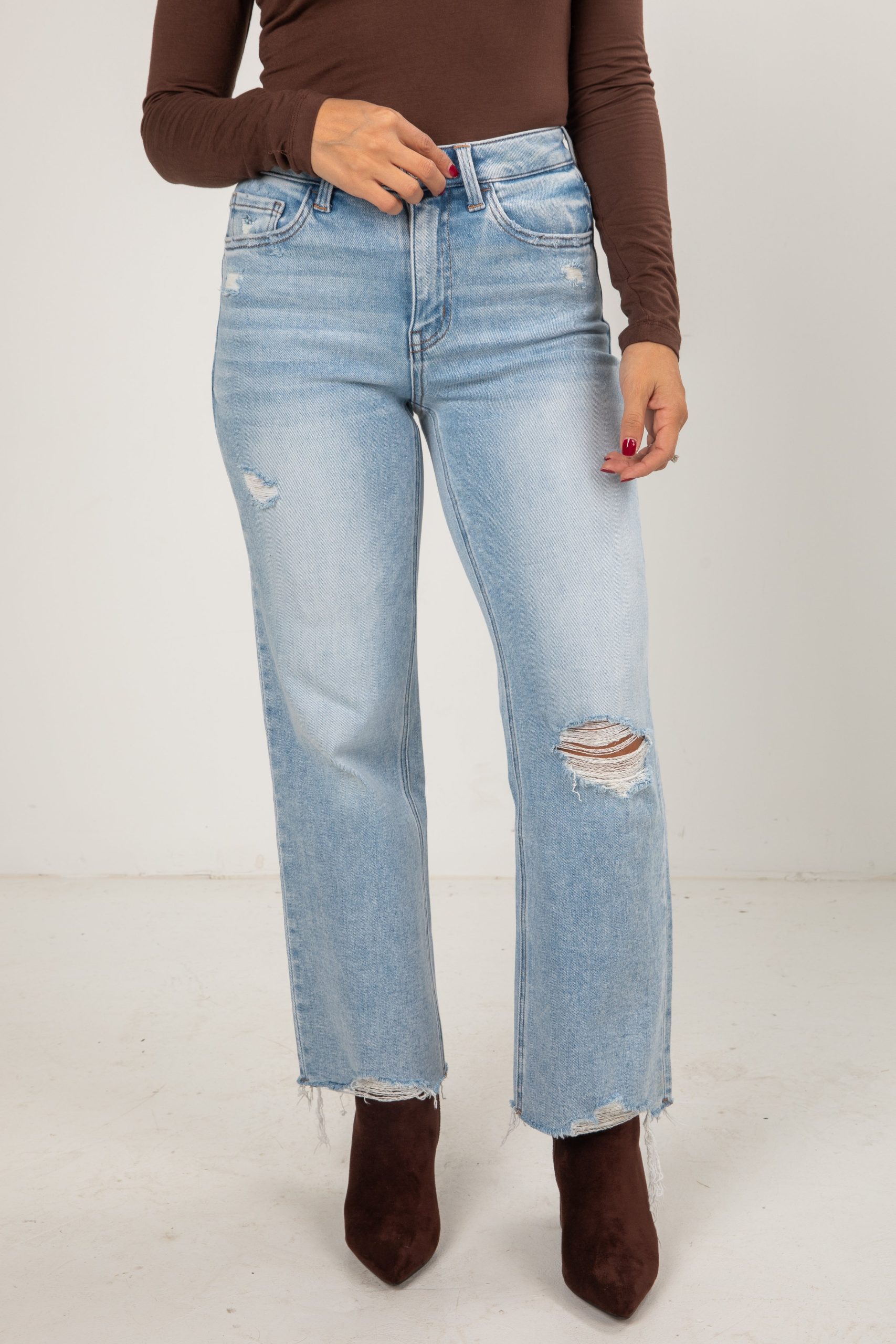 Elise Light Wash High-Rise Distressed Slim Wide Leg Jeans