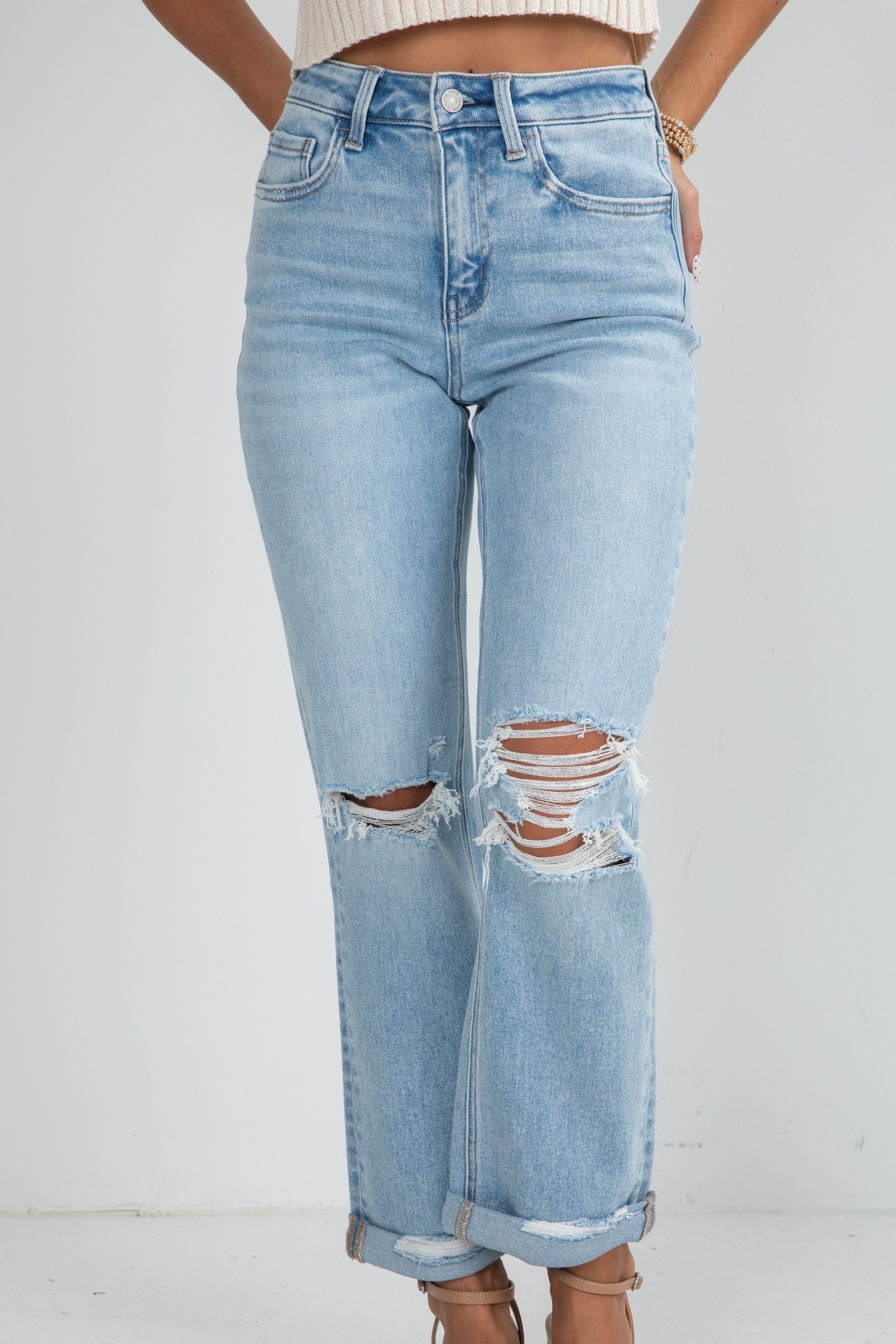 Alex Light Wash High-Rise Distressed Straight Leg Jeans - Image 4