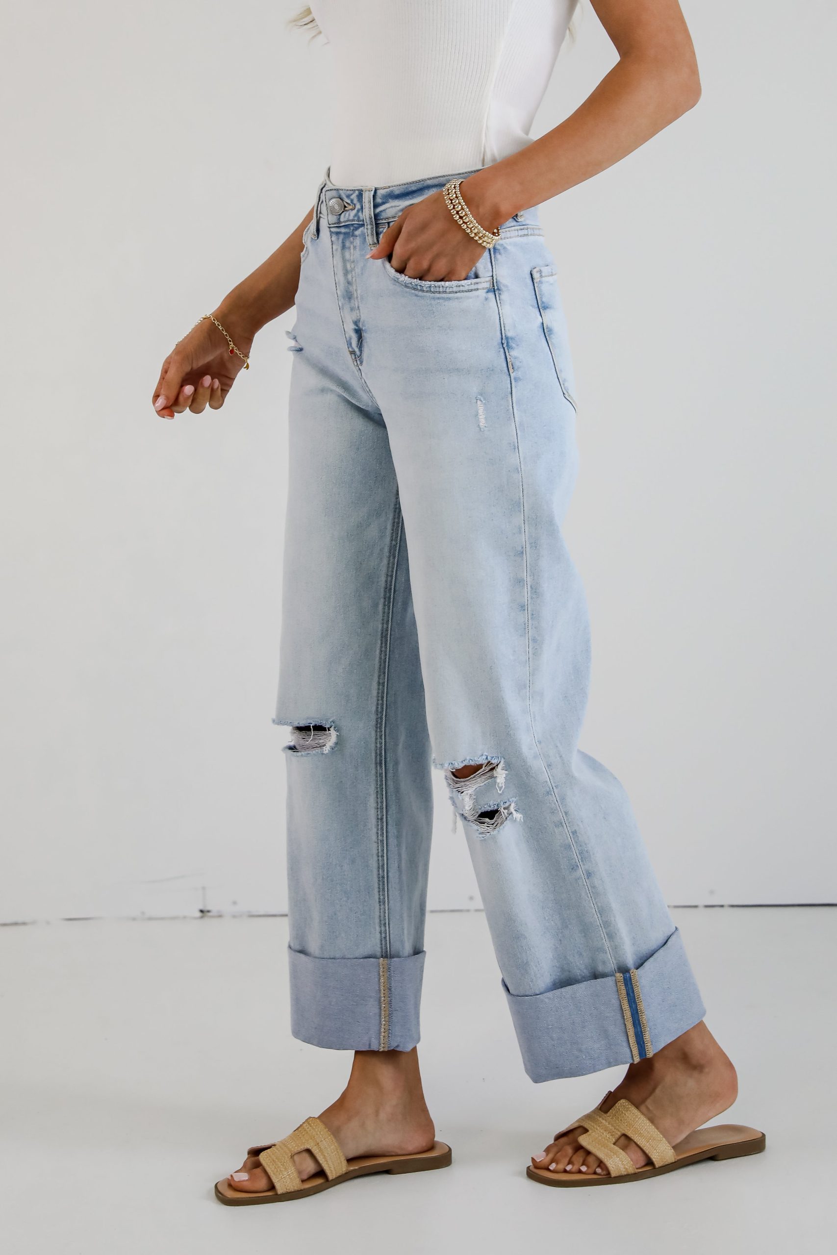 Demi Light Wash Super High-Rise Cuffed Baggy Wide Leg Jeans - Image 2