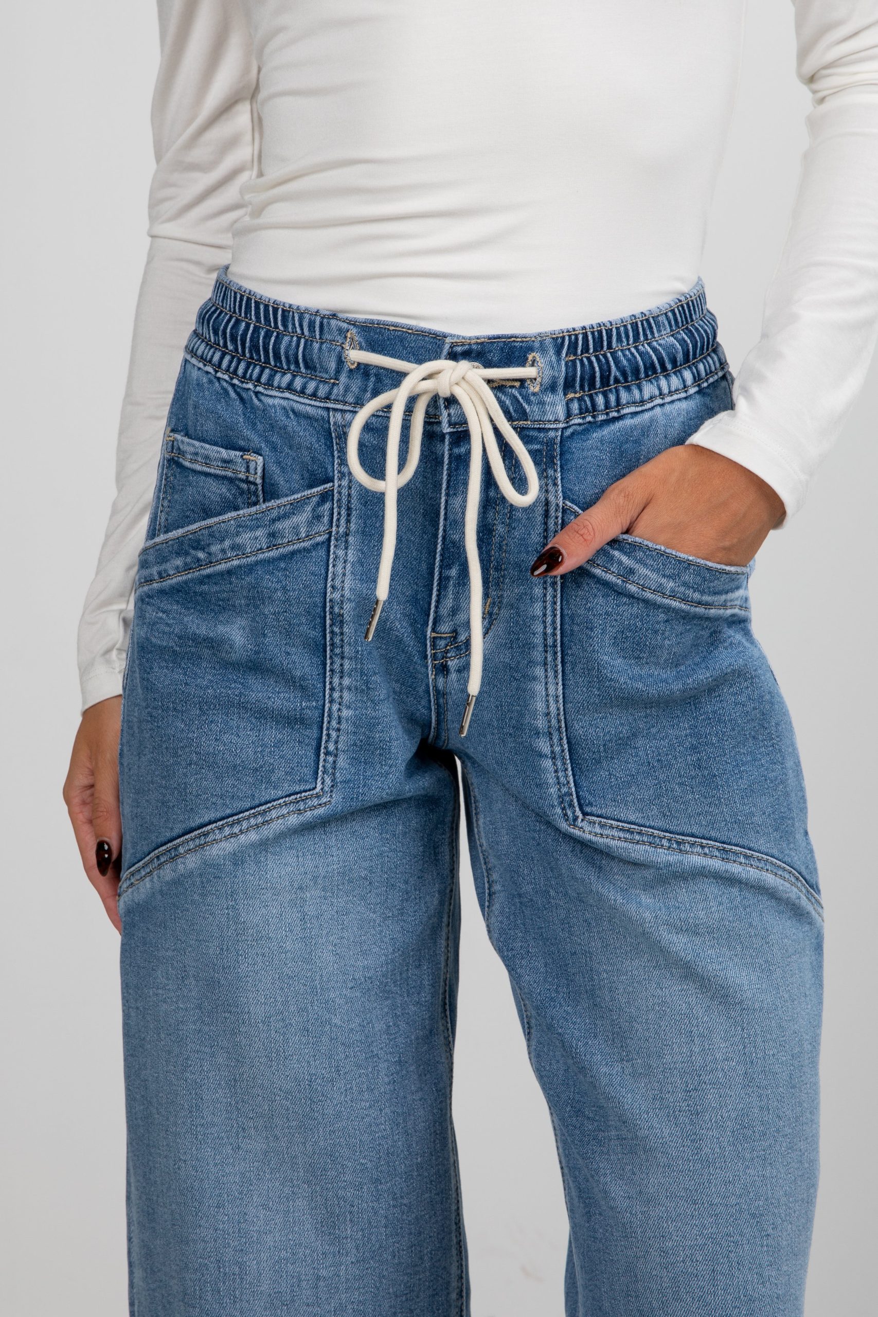 Lydia Medium Wash High-Rise Drawstring Barrel Jeans - Image 4