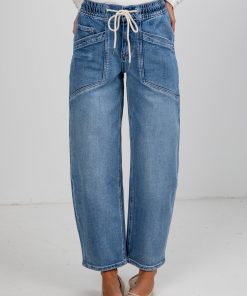 Lydia Medium Wash High-Rise Drawstring Barrel Jeans