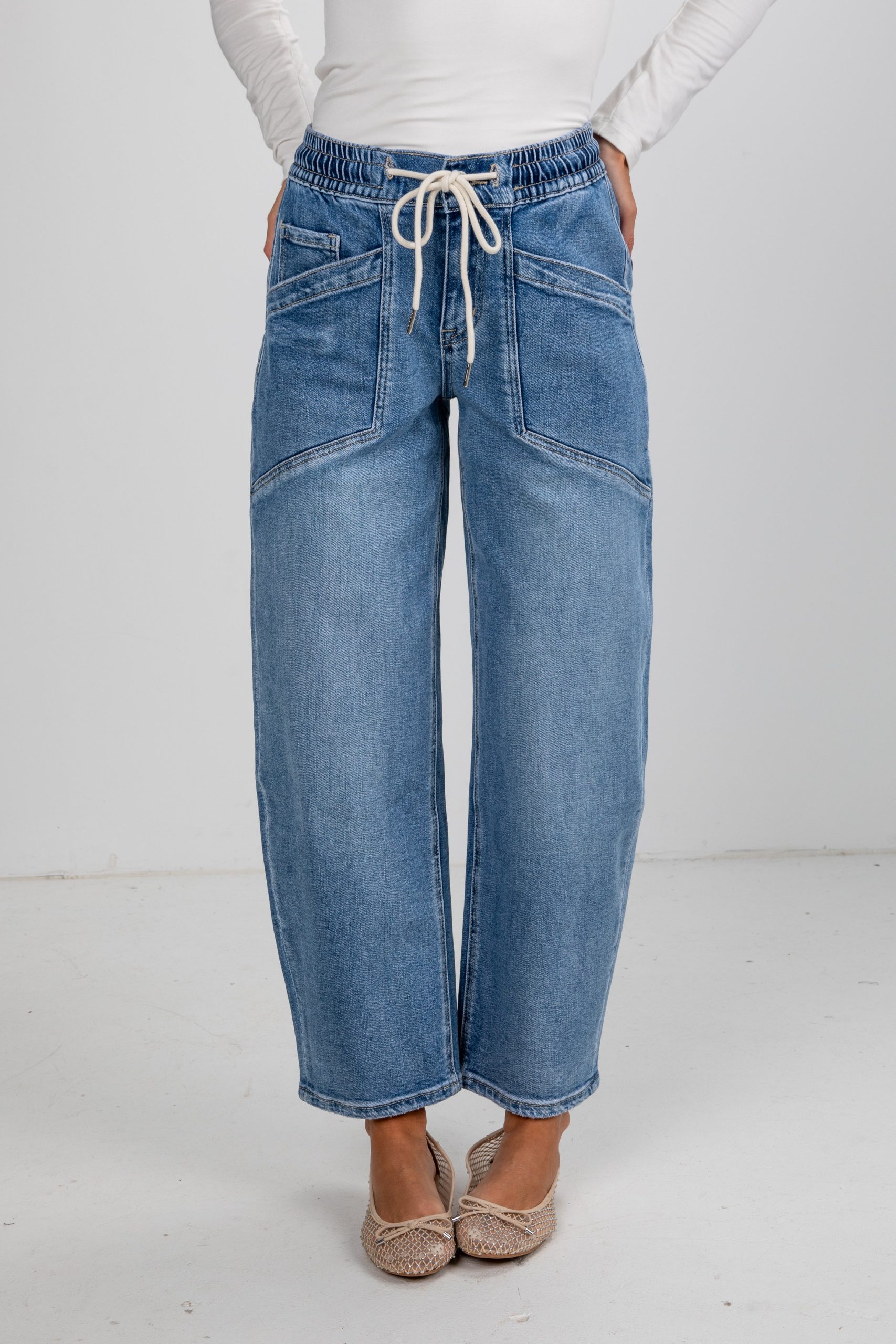 Lydia Medium Wash High-Rise Drawstring Barrel Jeans
