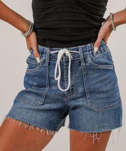 Aubrey Medium Wash High-Rise Drawstring Denim Shorts