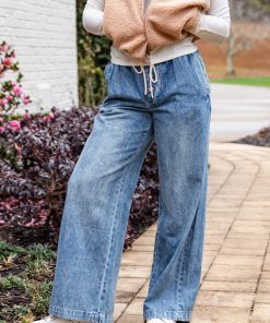 Jodie Medium Wash High-Rise Drawstring Waist Wide Leg Jeans