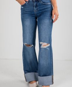 Audrey Medium Wash High-Rise Cuffed Wide Leg Jeans
