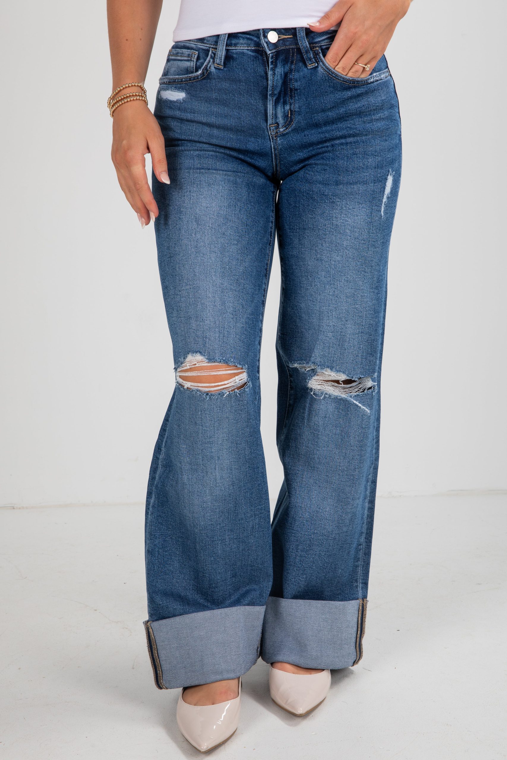Audrey Medium Wash High-Rise Cuffed Wide Leg Jeans - Image 2