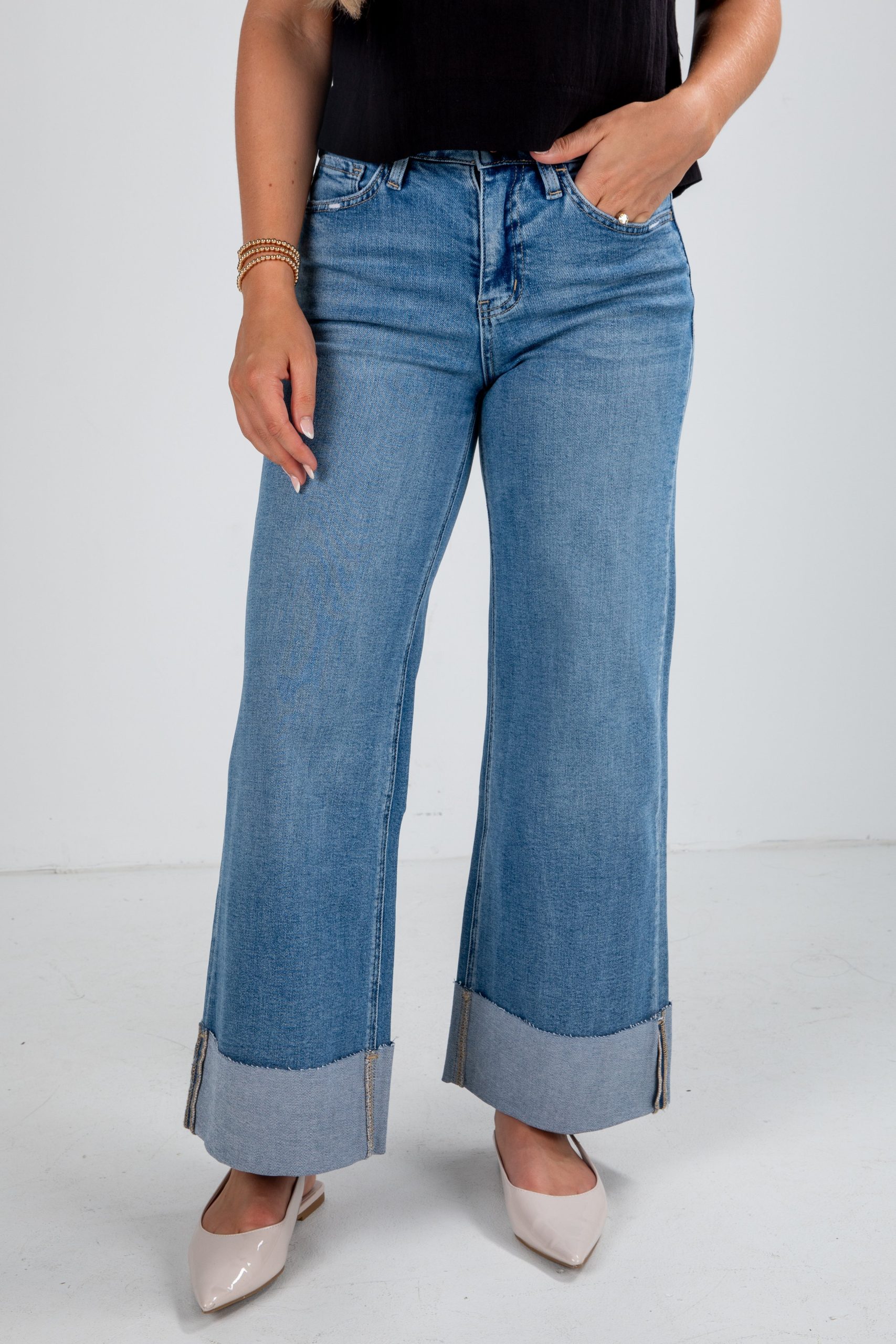 FINAL SALE - Madi Medium Wash High-Rise Cuffed Wide Leg Jeans