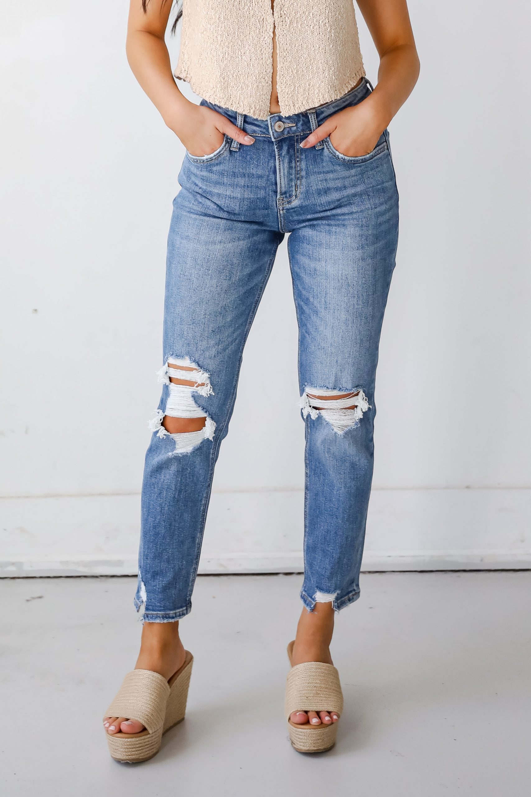 Kendall Medium Wash High-Rise Distressed Boyfriend Jeans