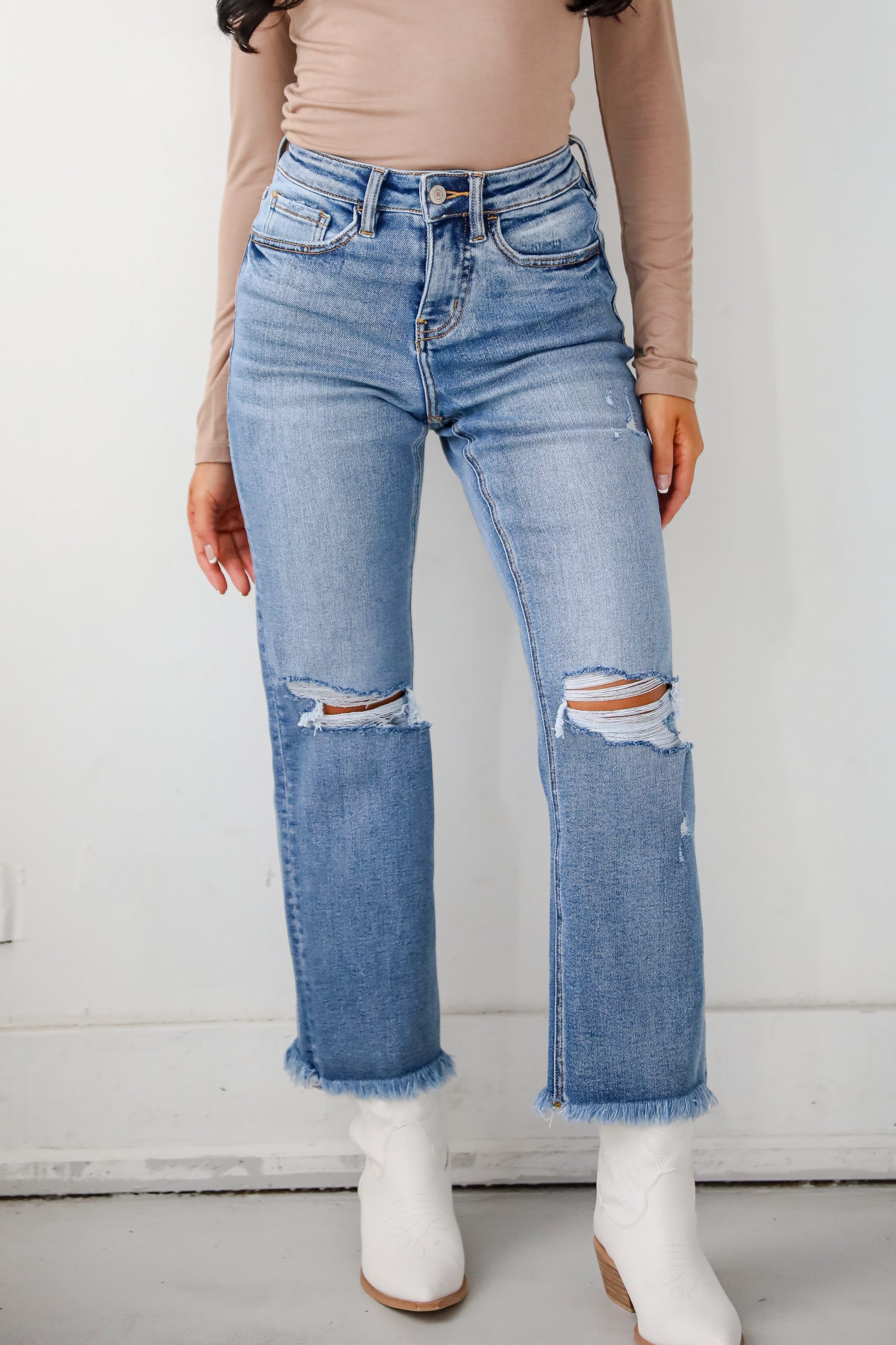 FINAL SALE - Emily Medium Wash High Rise Distressed Straight Leg Jeans