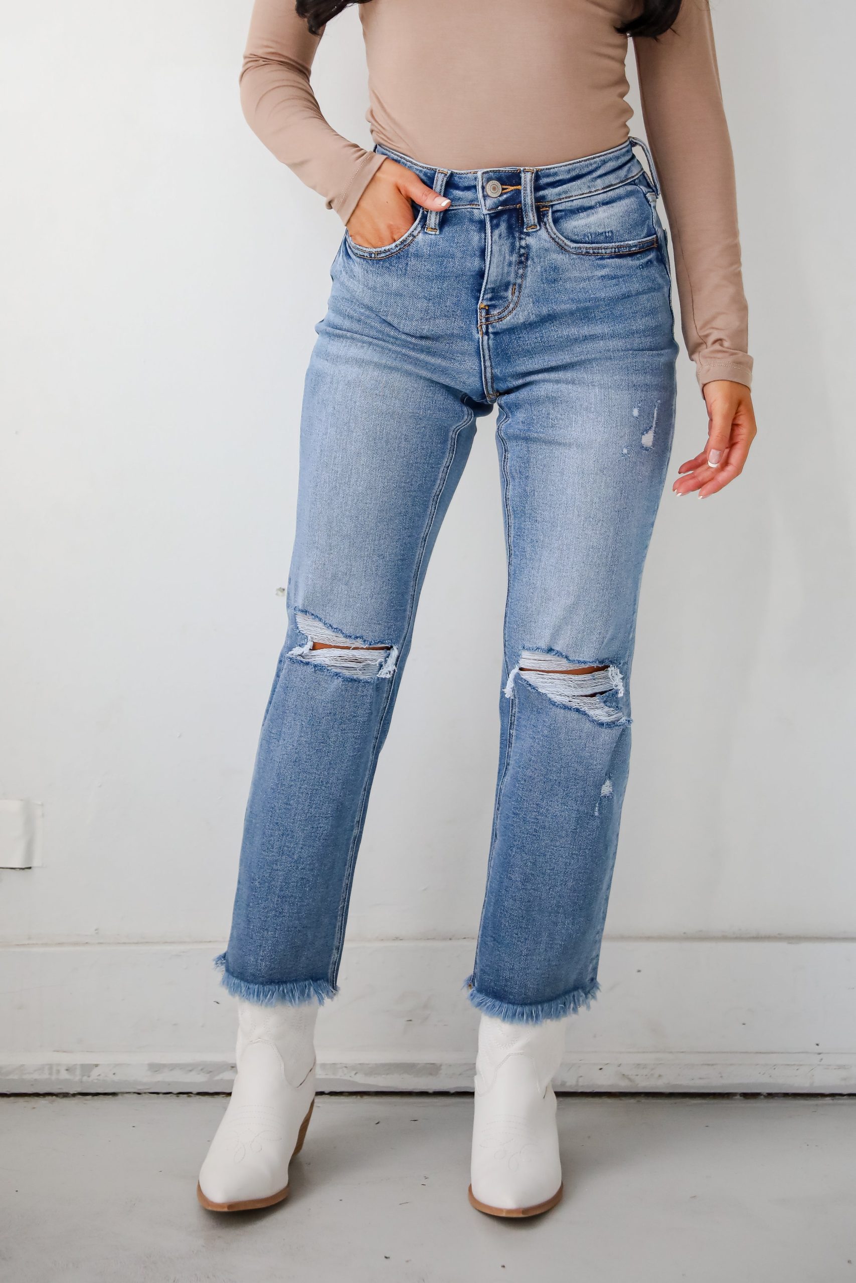 FINAL SALE - Emily Medium Wash High Rise Distressed Straight Leg Jeans - Image 5