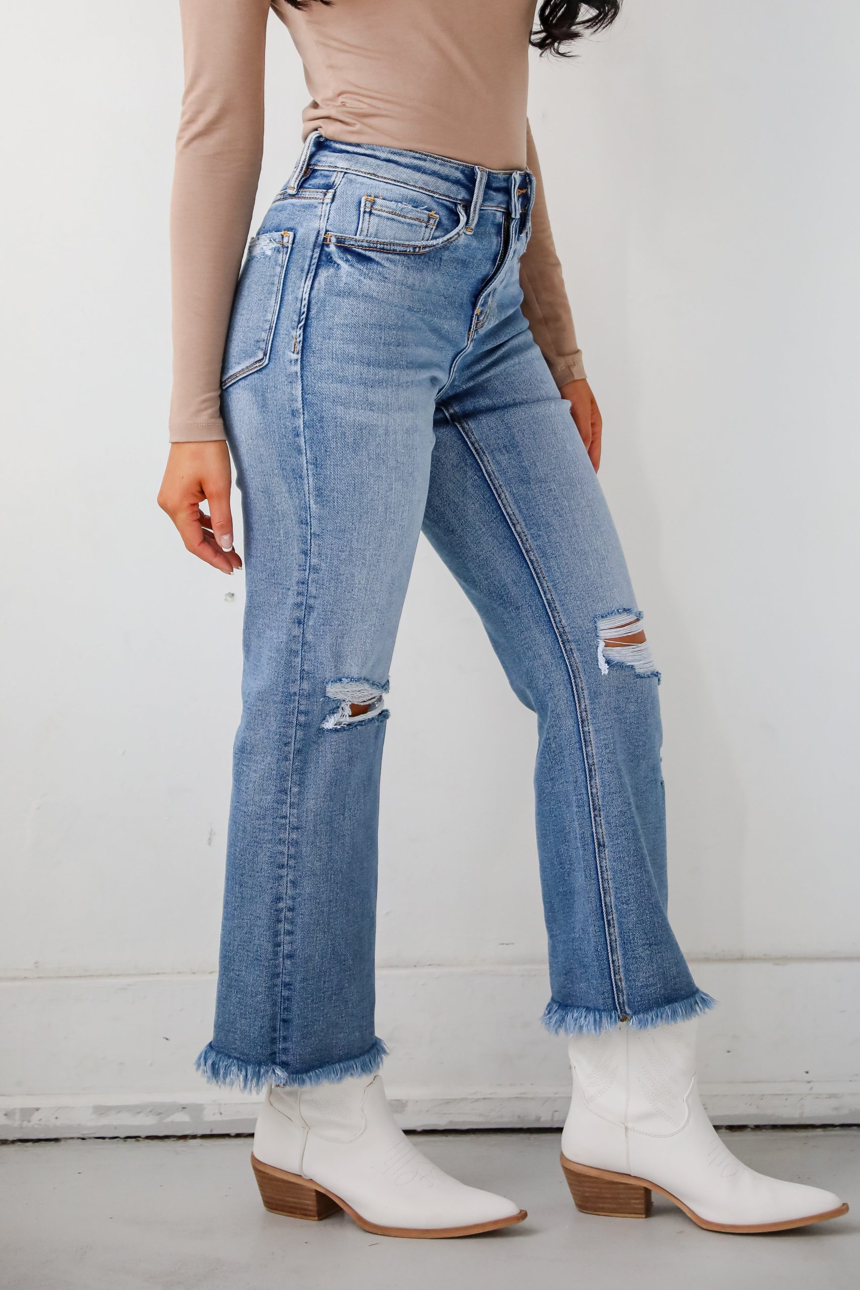 FINAL SALE - Emily Medium Wash High Rise Distressed Straight Leg Jeans - Image 3