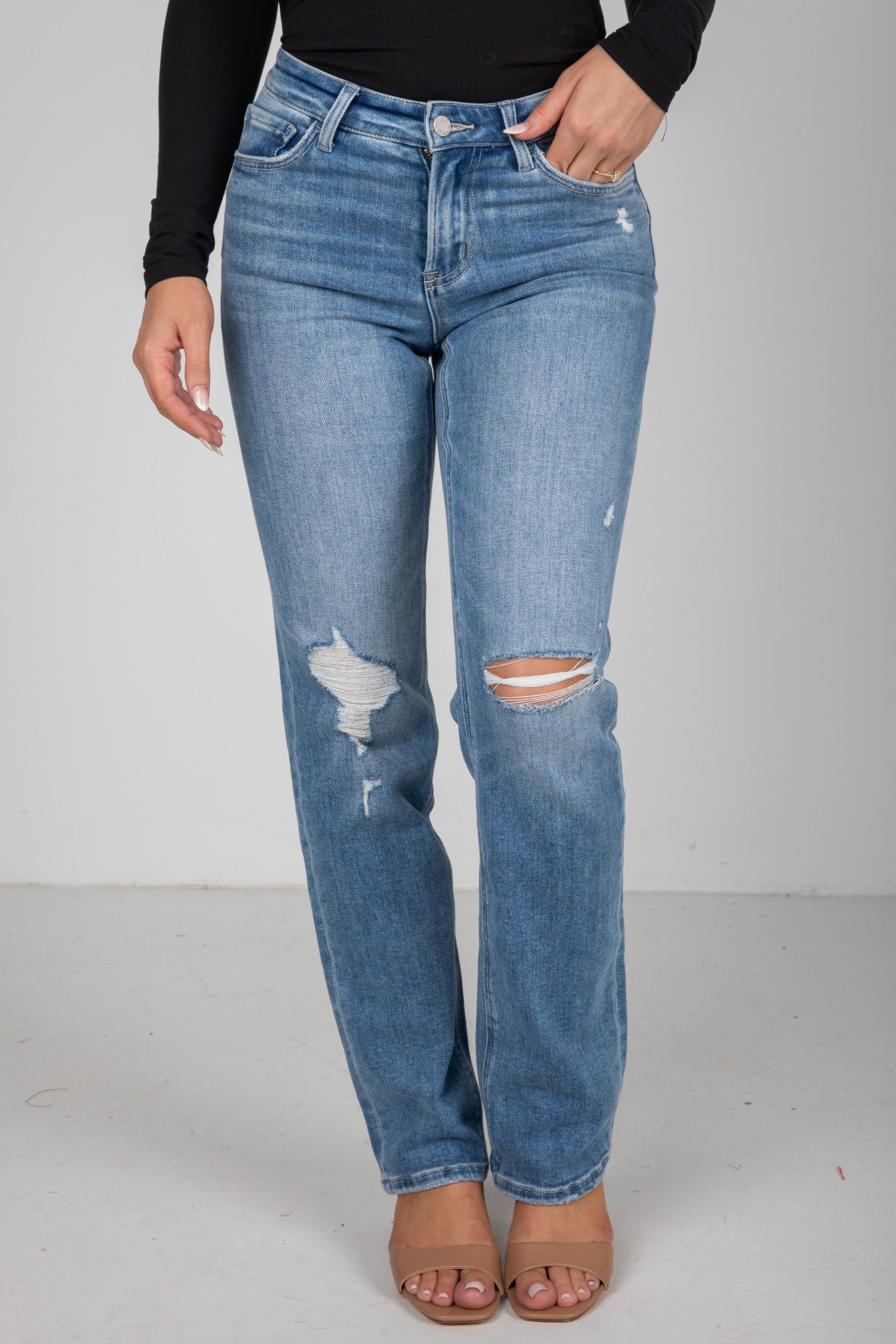 Rylee Medium Wash High-Rise Distressed Straight Leg Jeans