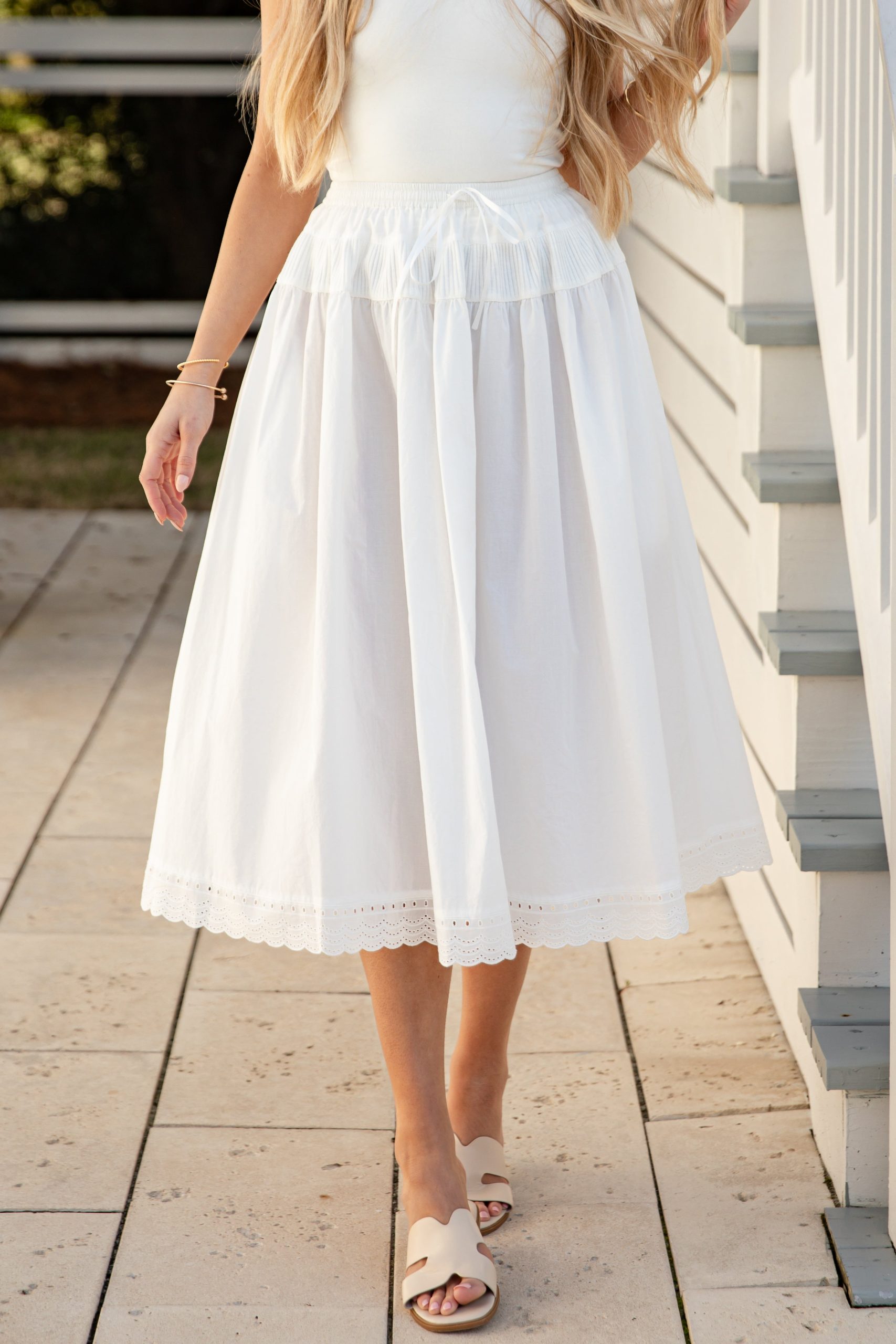 Whispering Breeze Off White Tiered Midi Skirt
