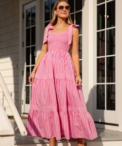 Pink Promenade Striped Tie-Shoulder Midi Dress