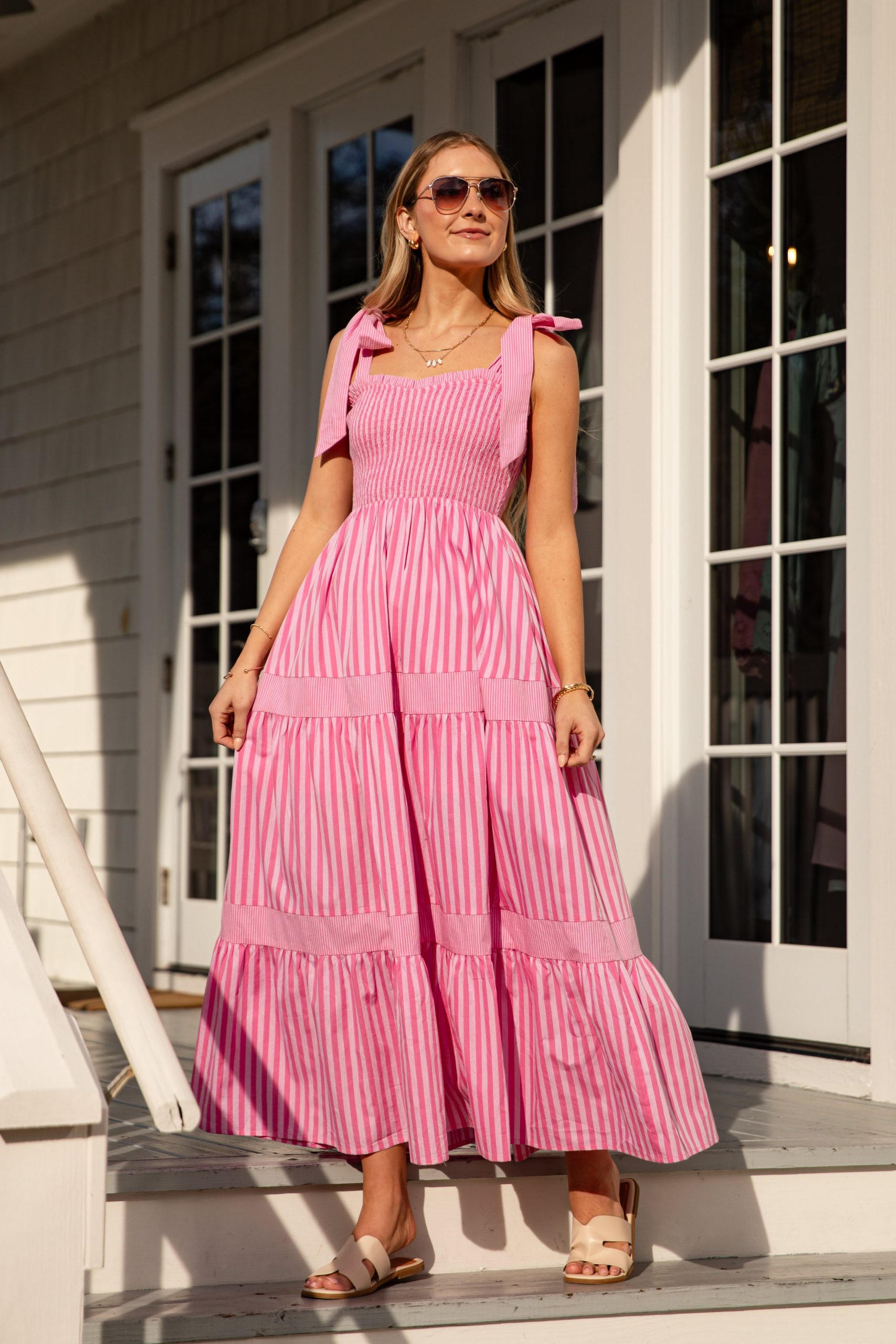 Pink Promenade Striped Tie-Shoulder Midi Dress