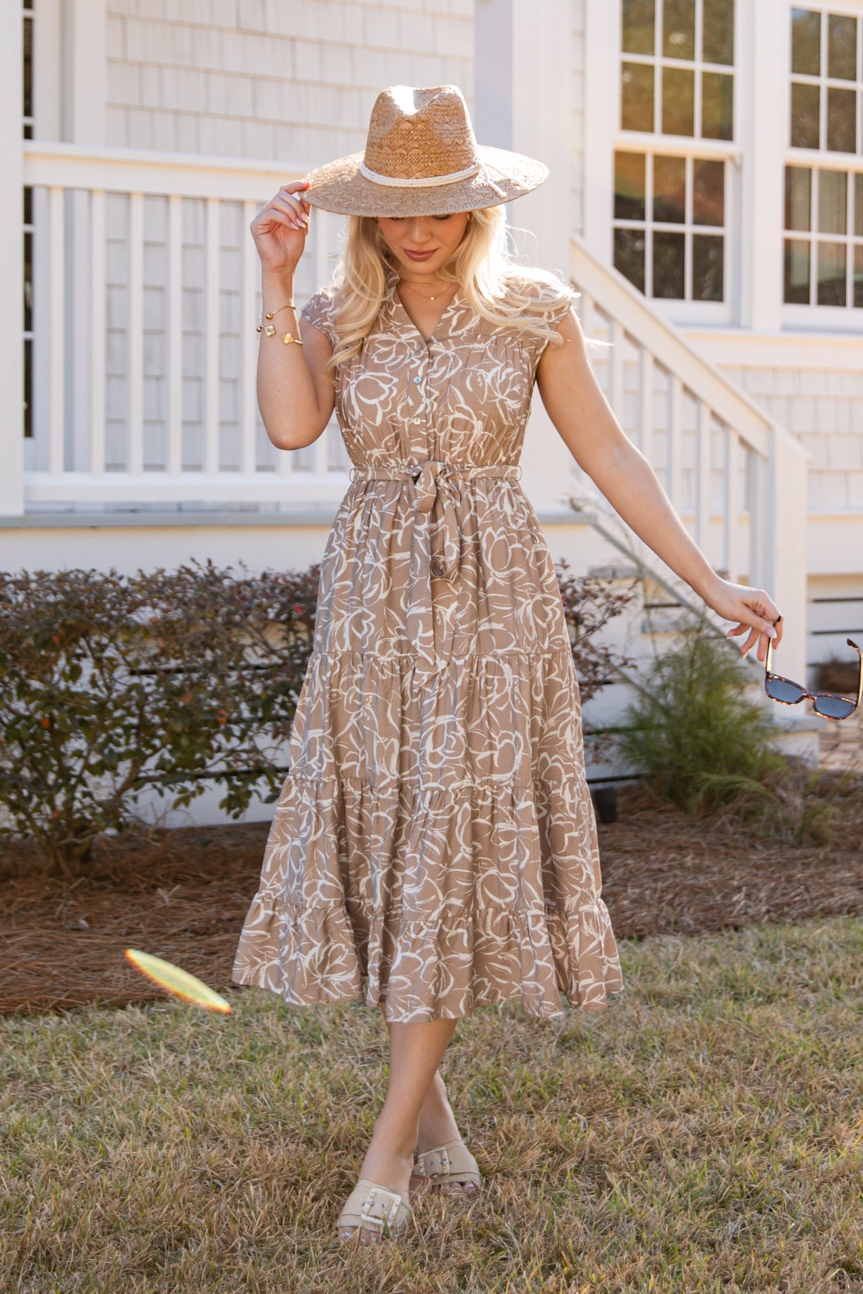 Living Easy Floral Taupe Midi Dress