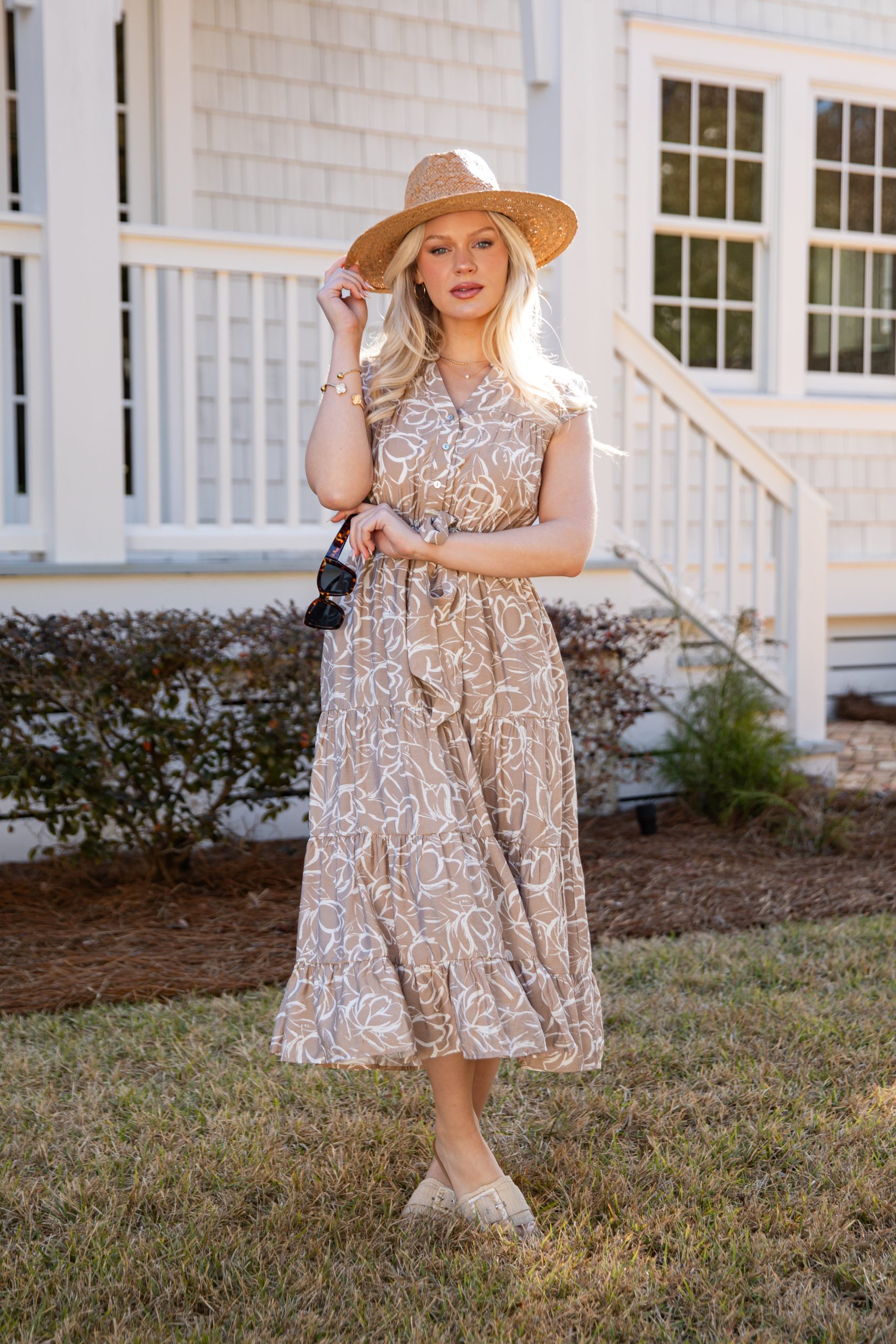 Living Easy Floral Taupe Midi Dress - Image 3