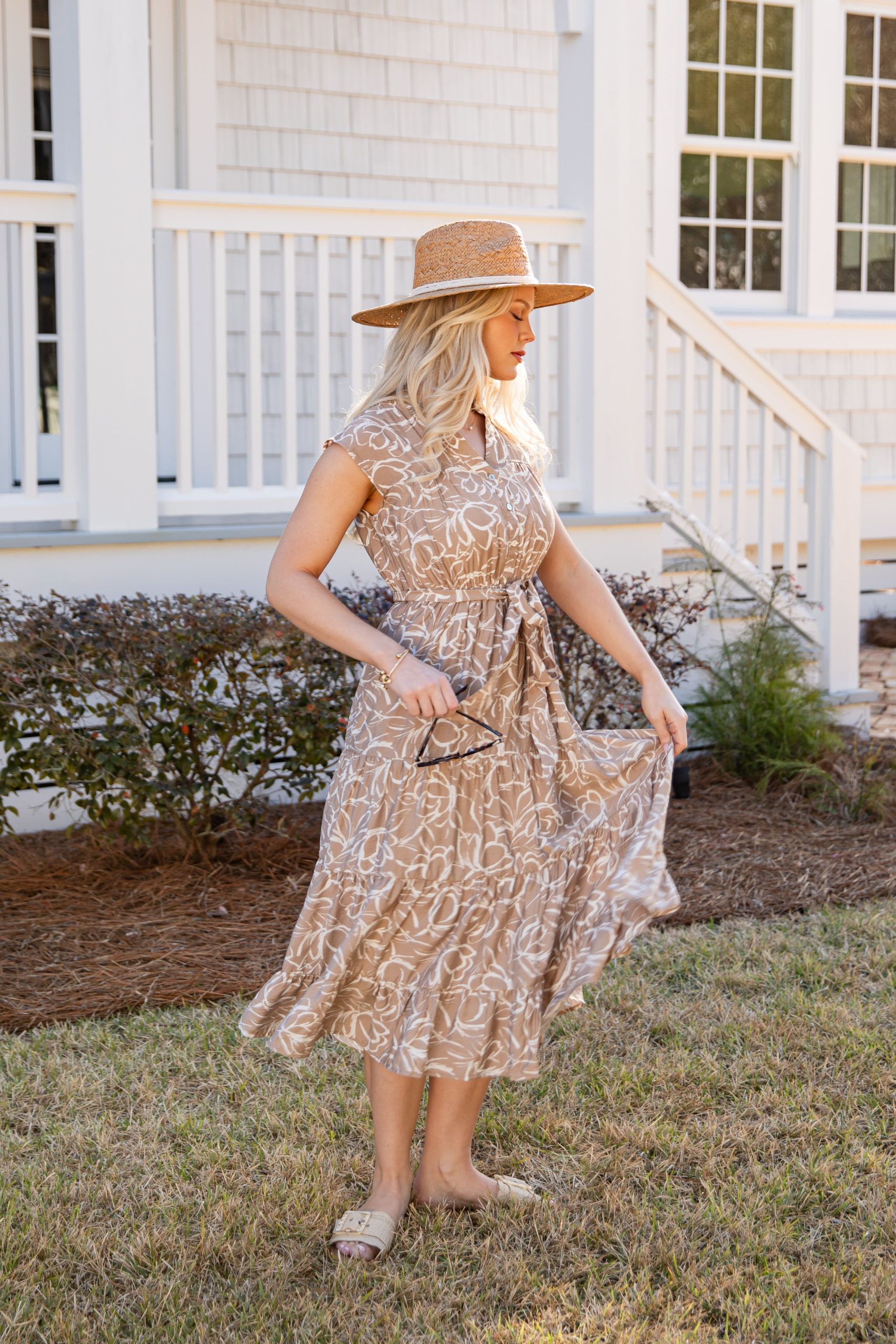 Living Easy Floral Taupe Midi Dress - Image 4